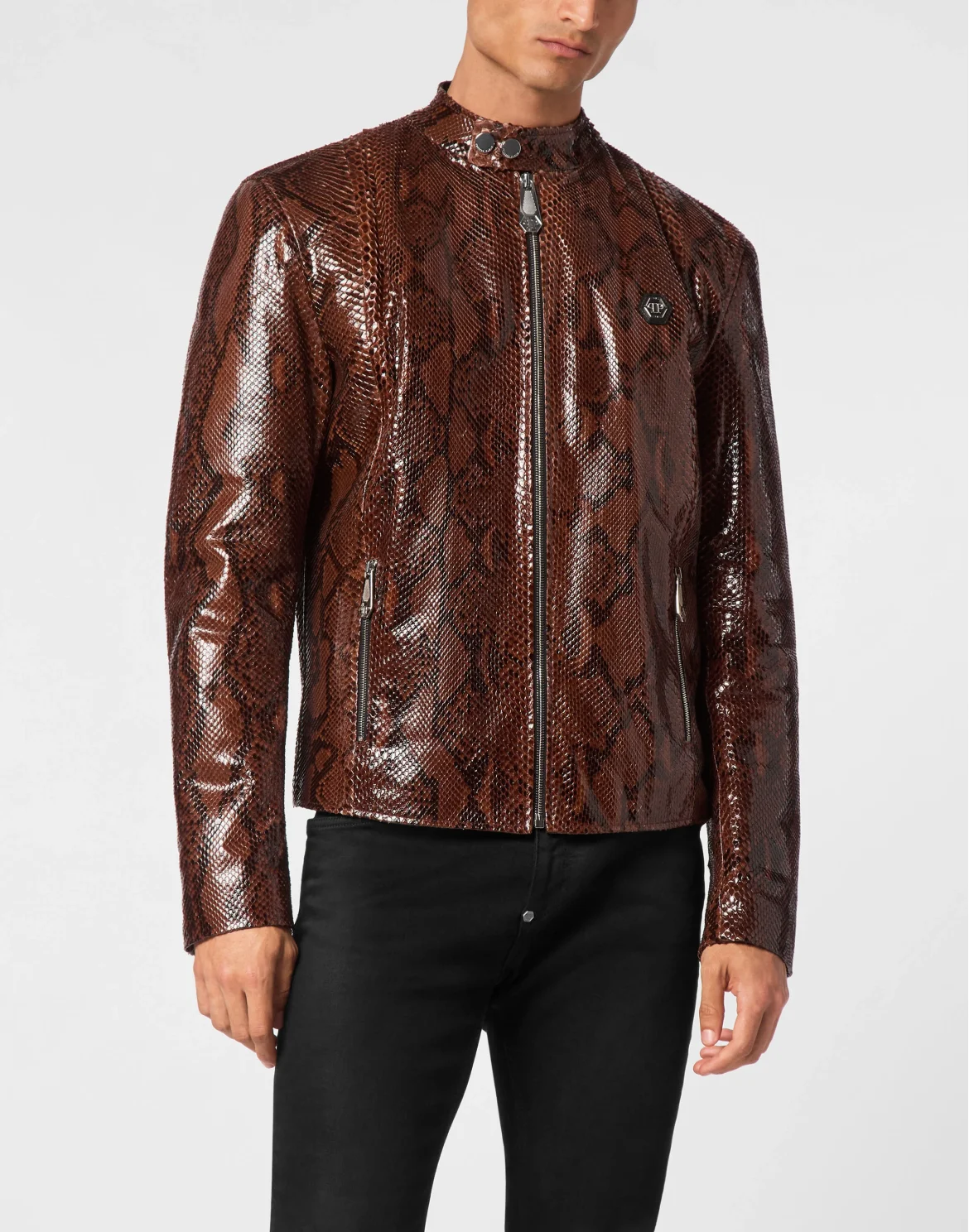 Python Leather Moto Jacket, цвет: Коричневый