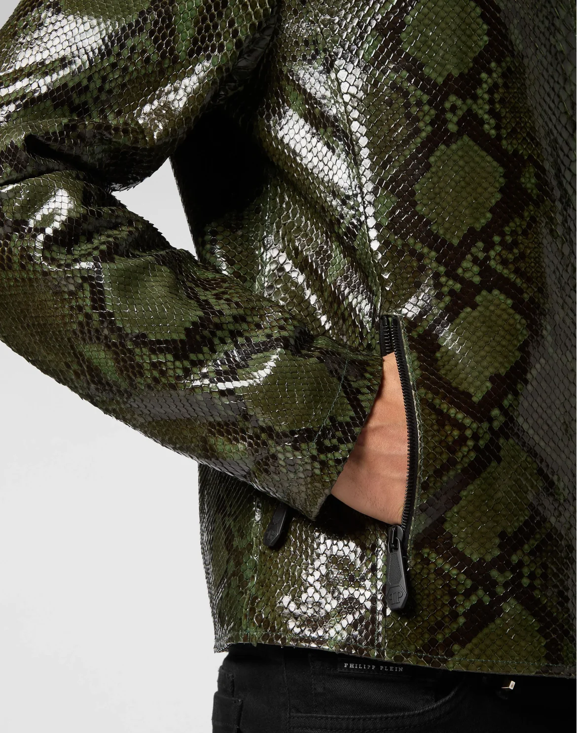 Python Leather Moto Jacket, цвет: Зеленый