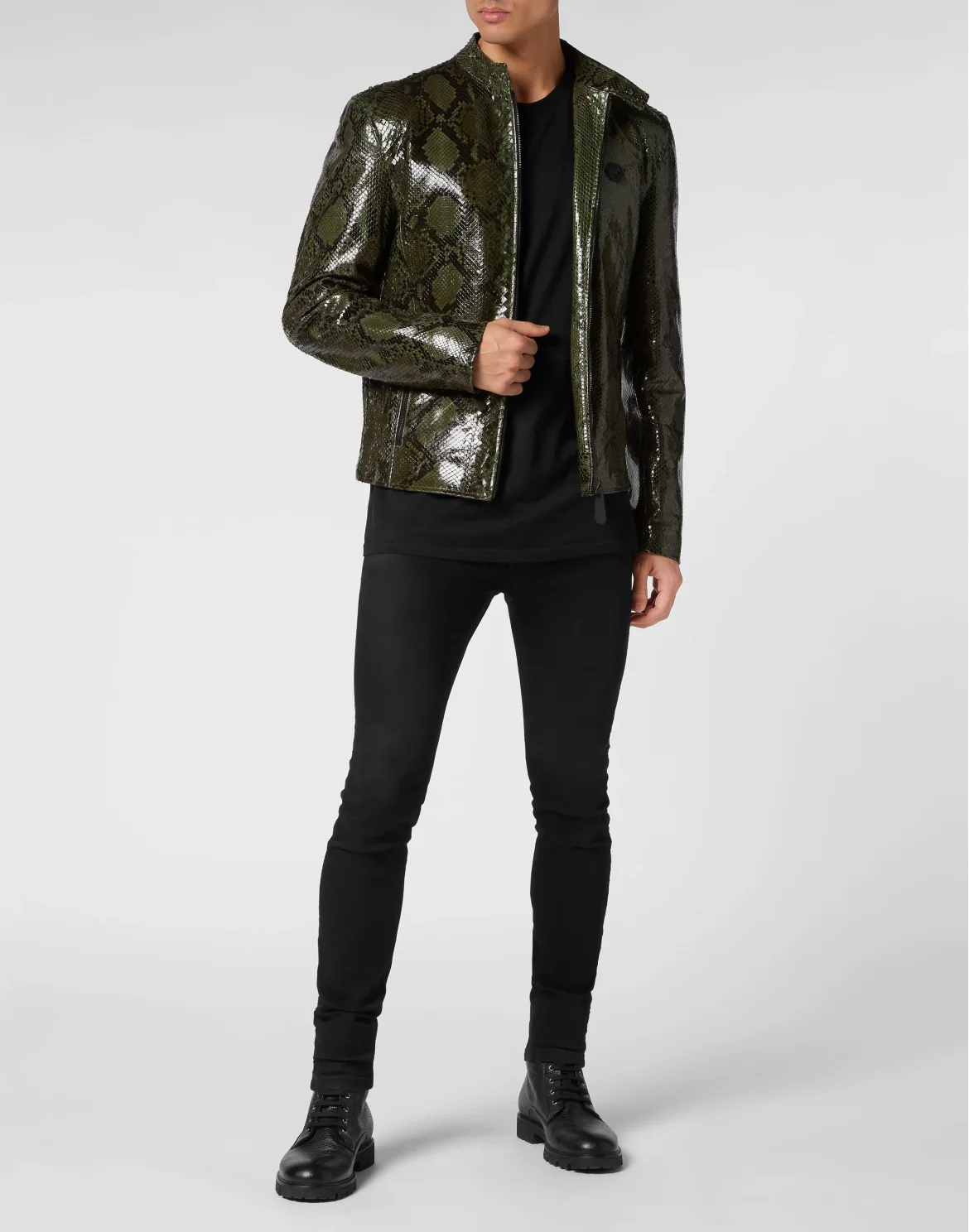 Python Leather Moto Jacket, цвет: Зеленый