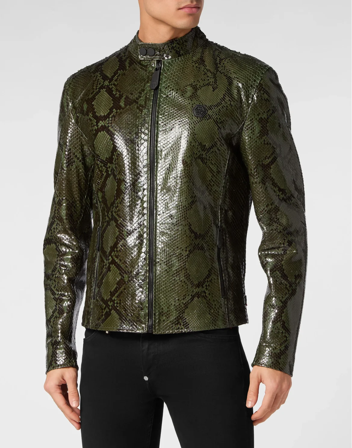 Python Leather Moto Jacket, цвет: Зеленый
