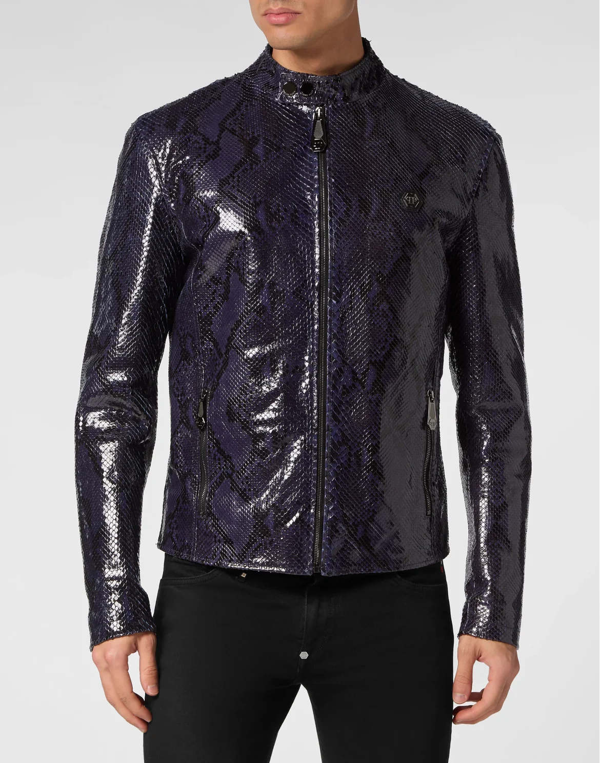 Python Leather Moto Jacket, цвет: Синий