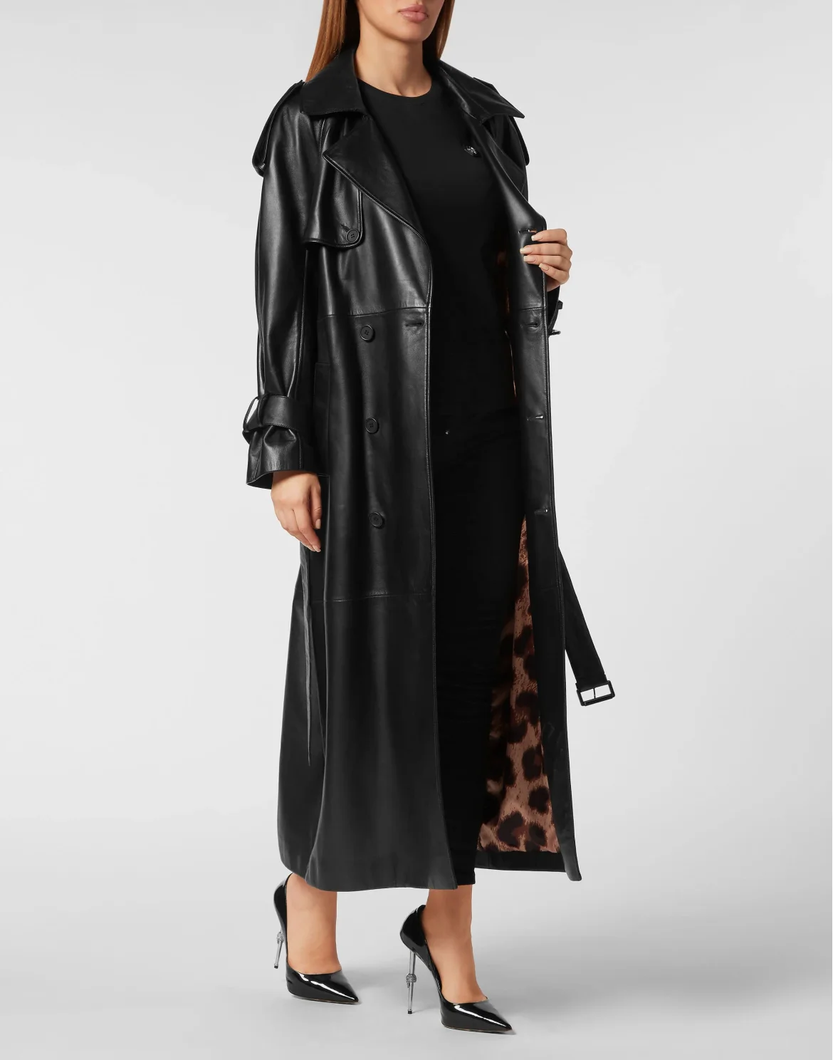 Leather Long Trench Coat, цвет: Черный