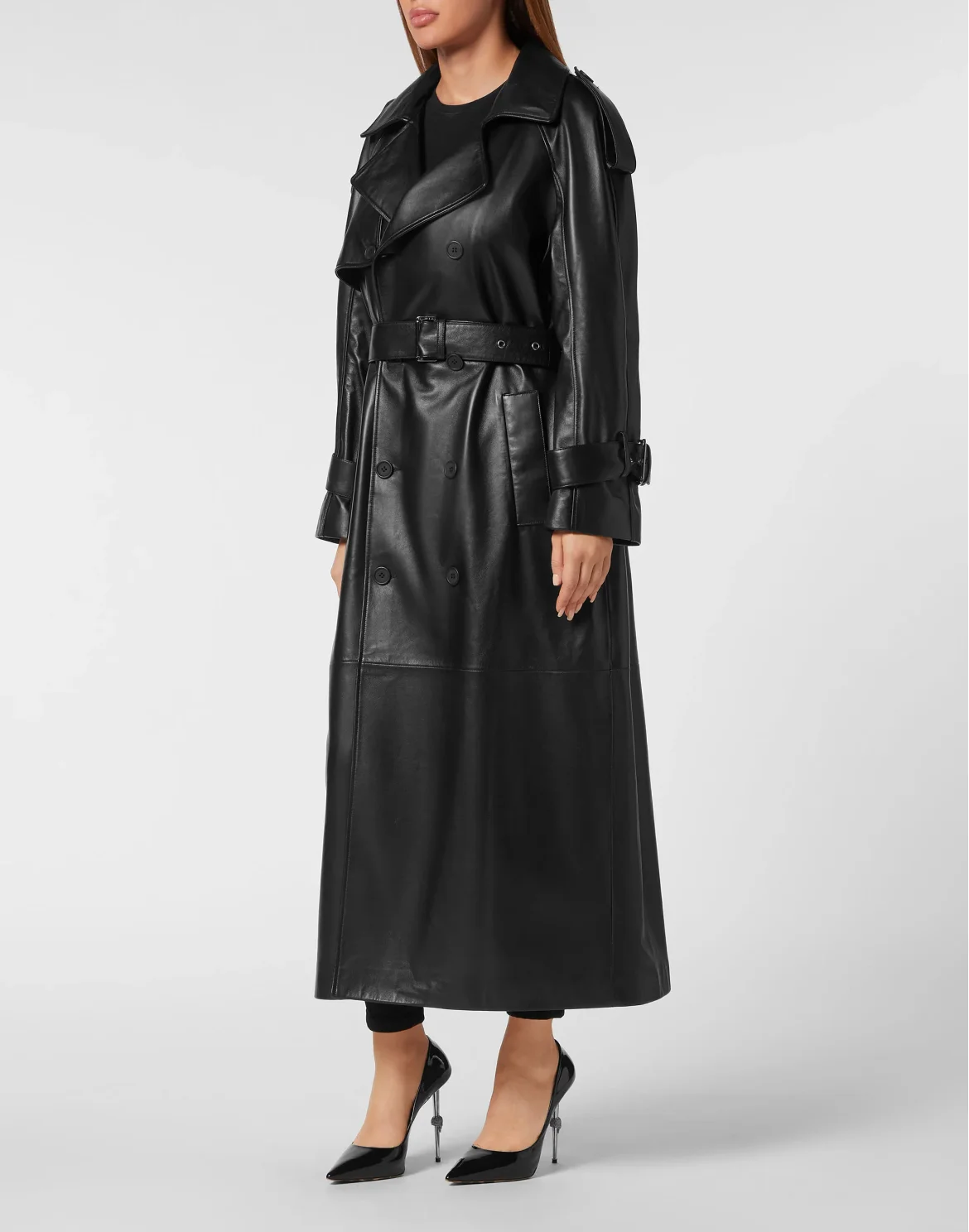 Leather Long Trench Coat, цвет: Черный
