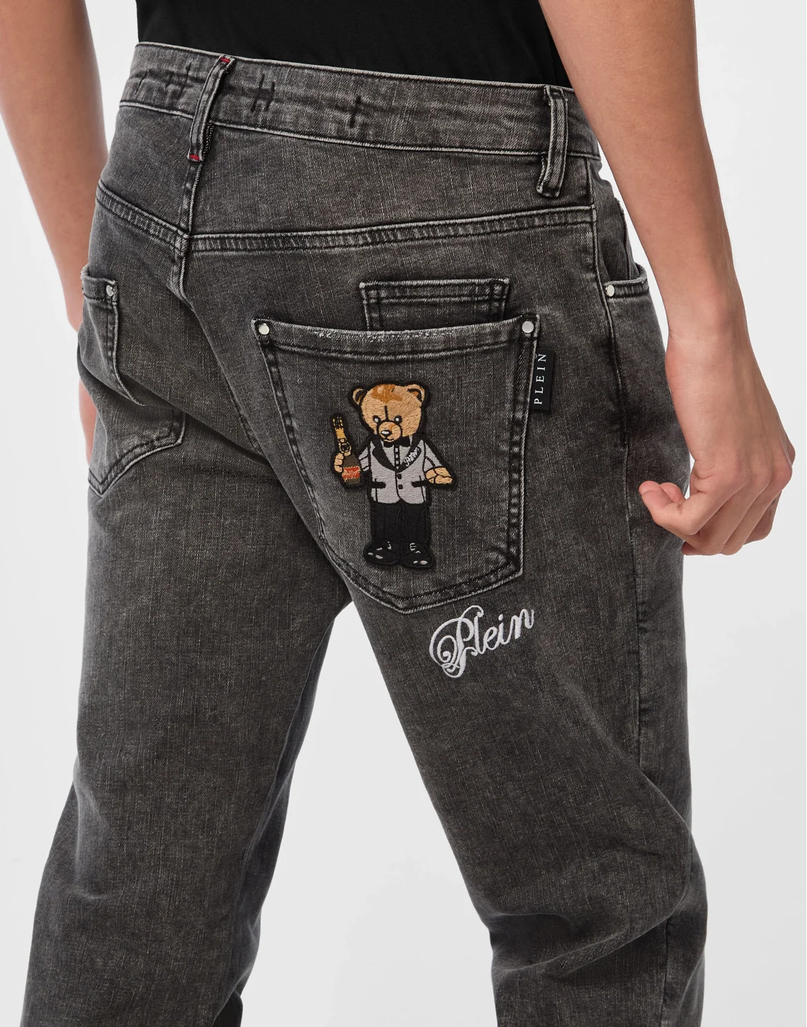 Super Straight Cut Denim Trousers Teddy Patch, цвет: Серый
