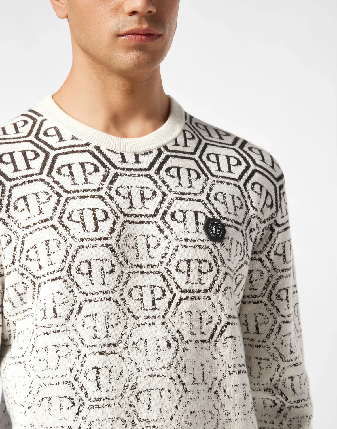 Cotton Round Neck Pullover Jacquard Monogram, цвет: Бежевый