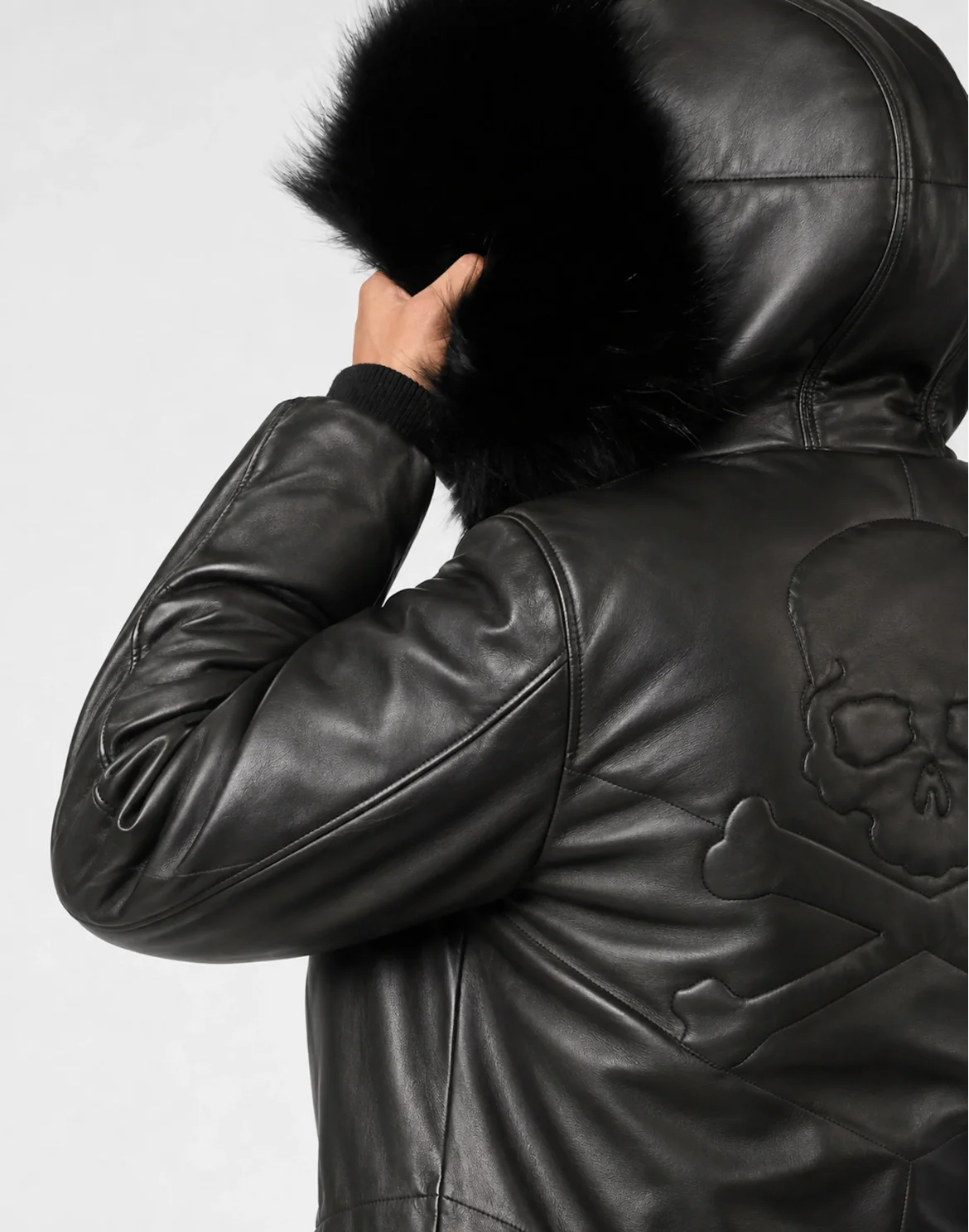 Leather Mid Length Parka with Fur, цвет: Черный