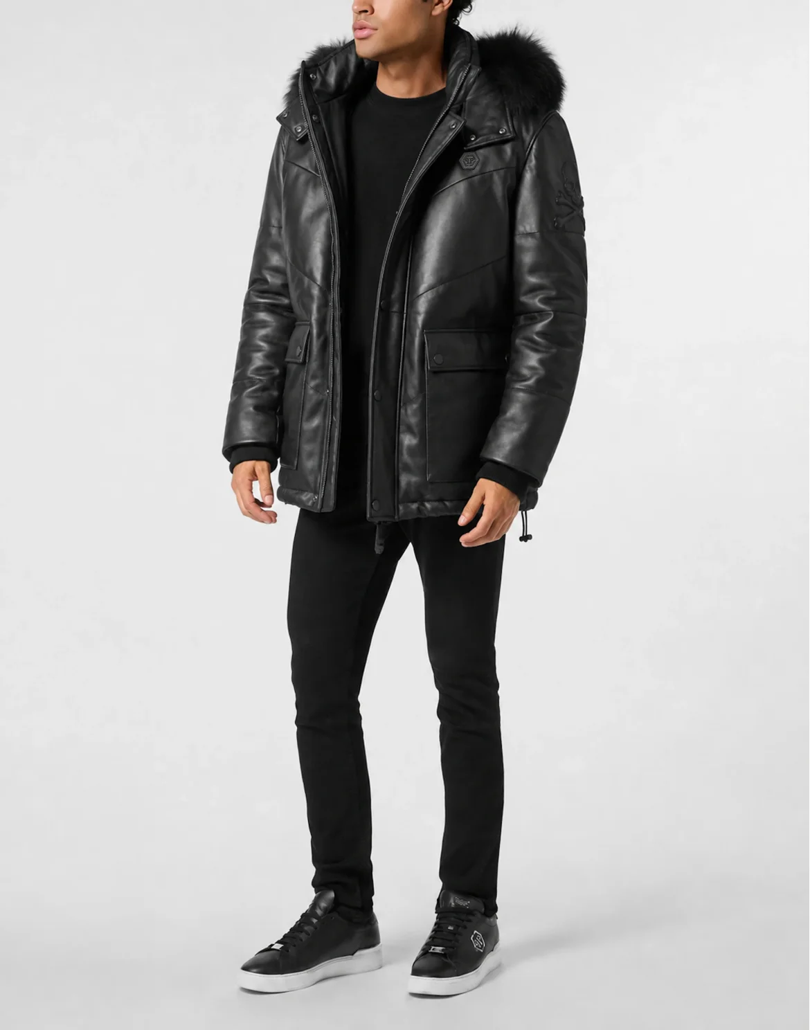 Leather Mid Length Parka with Fur, цвет: Черный