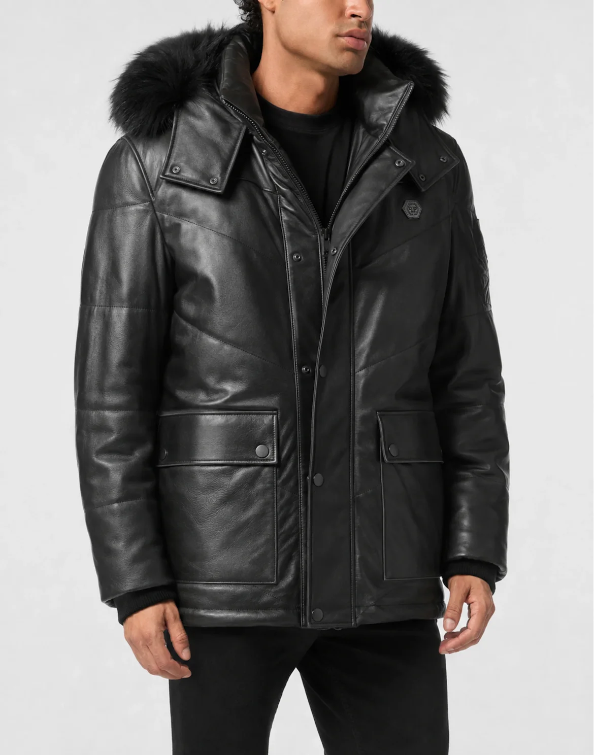Leather Mid Length Parka with Fur, цвет: Черный