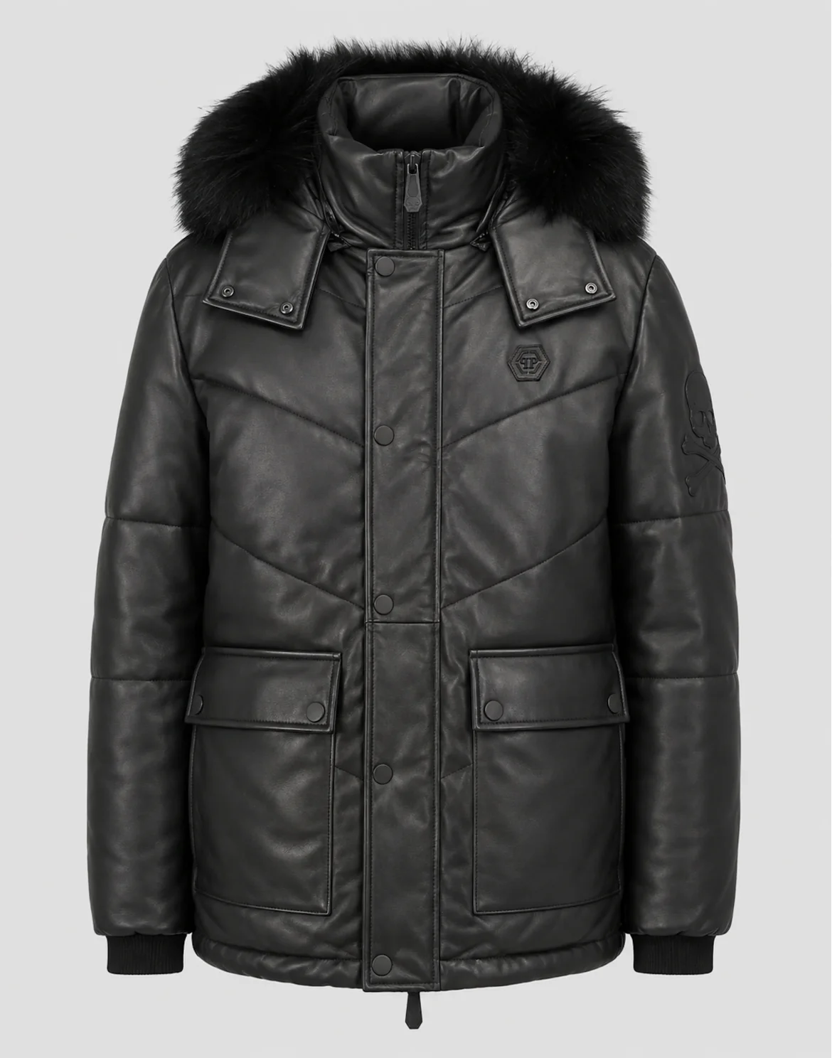 Leather Mid Length Parka with Fur, цвет: Черный