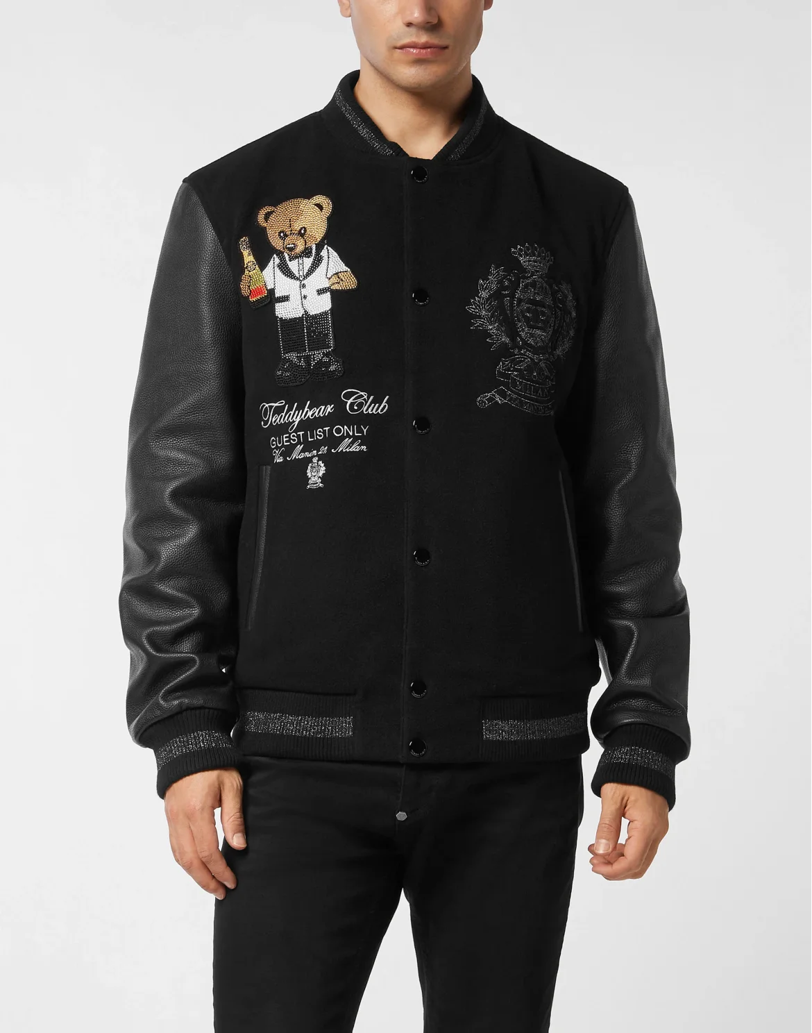 Wool & Leather Varsity Bomber Jacket Teddy Stones, цвет: Черный
