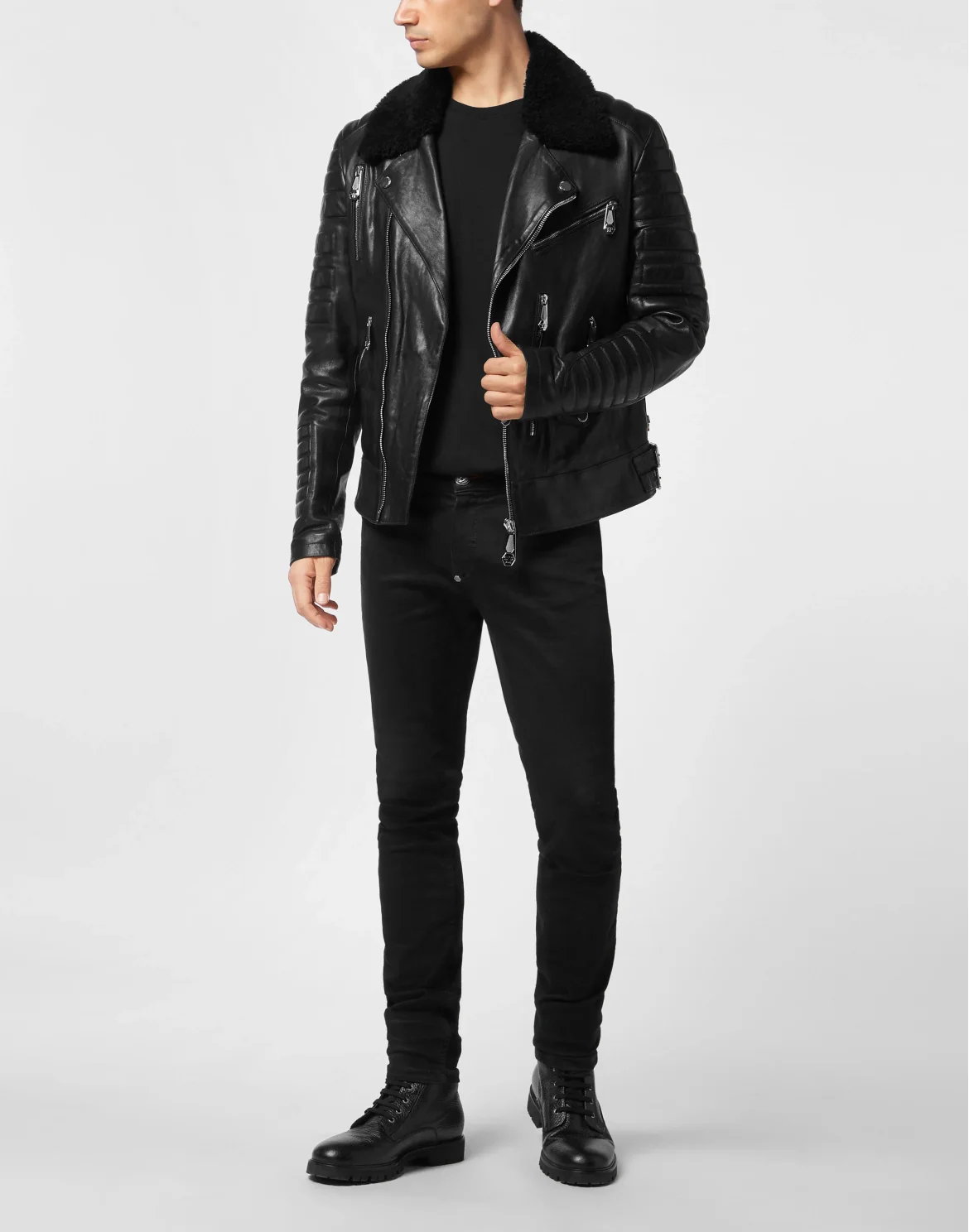 Leather Biker Jacket with Shearling Collar, цвет: Черный