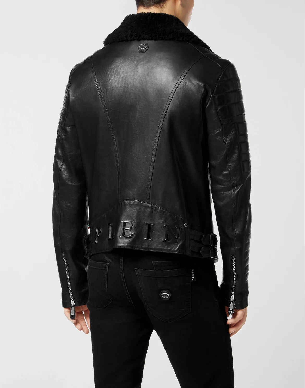 Leather Biker Jacket with Shearling Collar, цвет: Черный