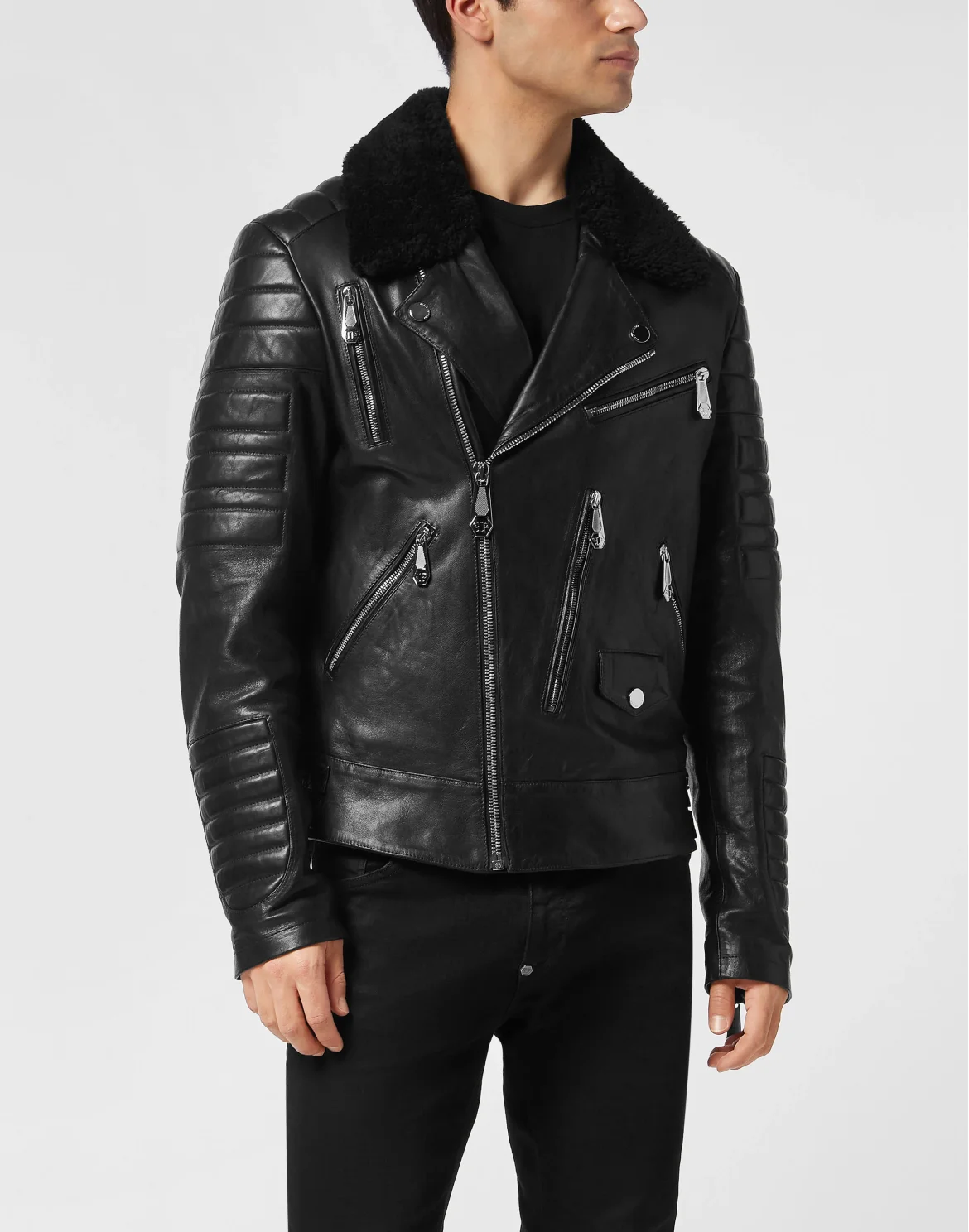 Leather Biker Jacket with Shearling Collar, цвет: Черный