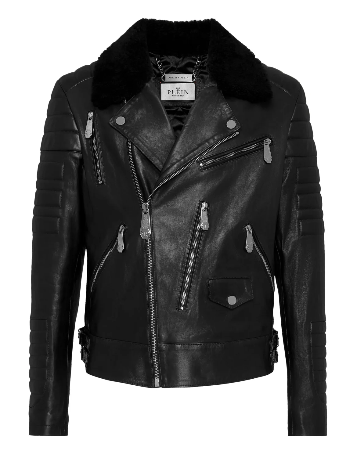 Leather Biker Jacket with Shearling Collar, цвет: Черный