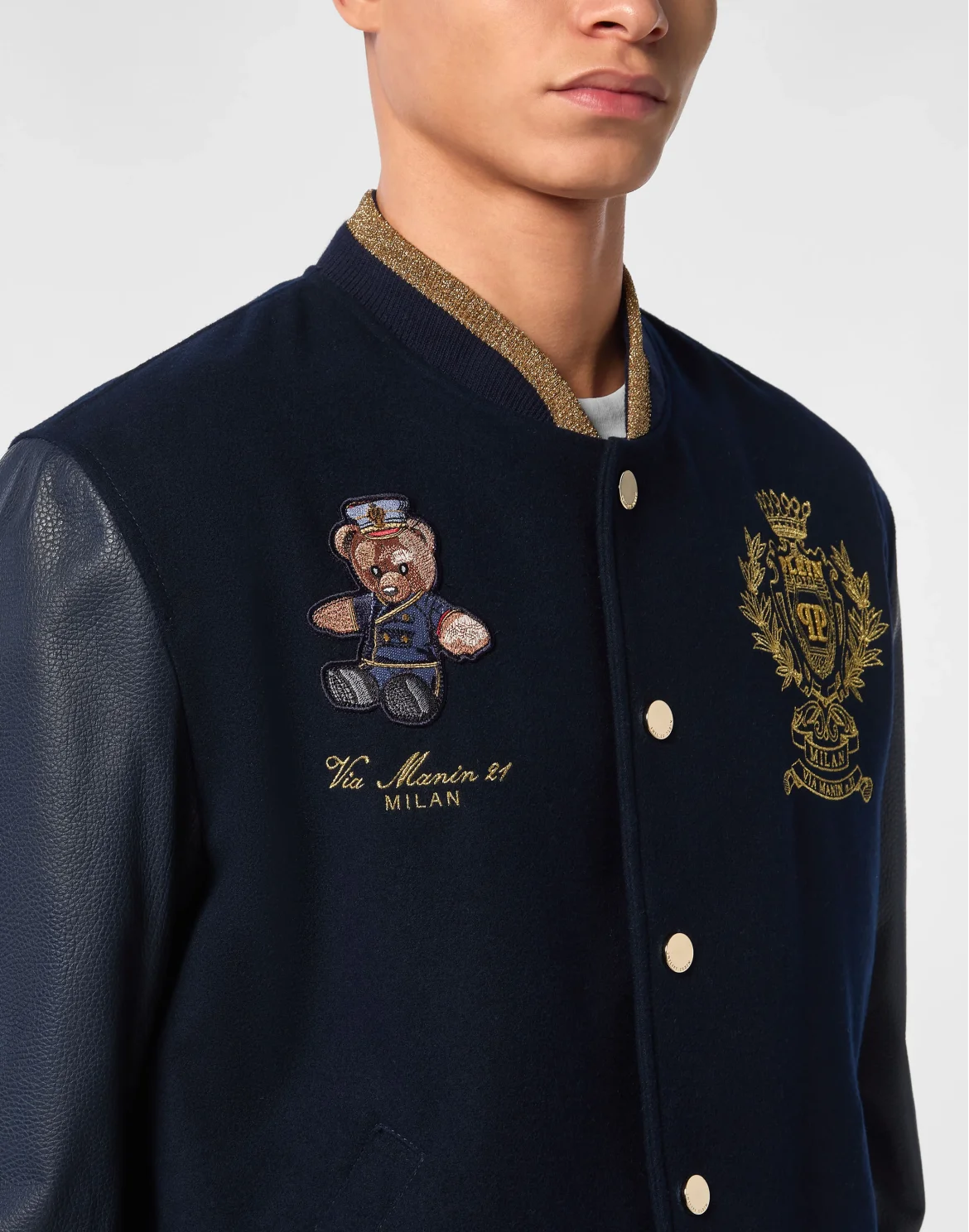 Leather and Wool Varsity Bomber Teddy Doorman, цвет: Синий