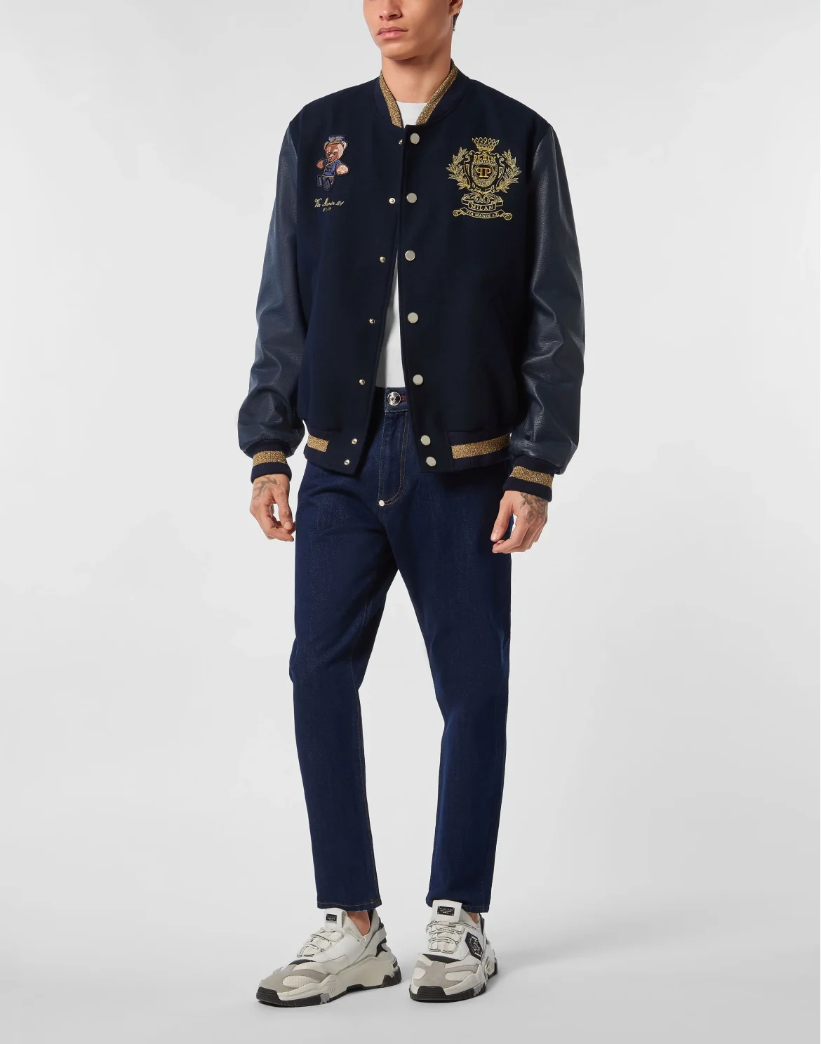 Leather and Wool Varsity Bomber Teddy Doorman, цвет: Синий