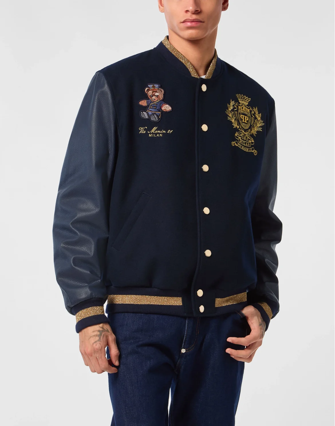 Leather and Wool Varsity Bomber Teddy Doorman, цвет: Синий