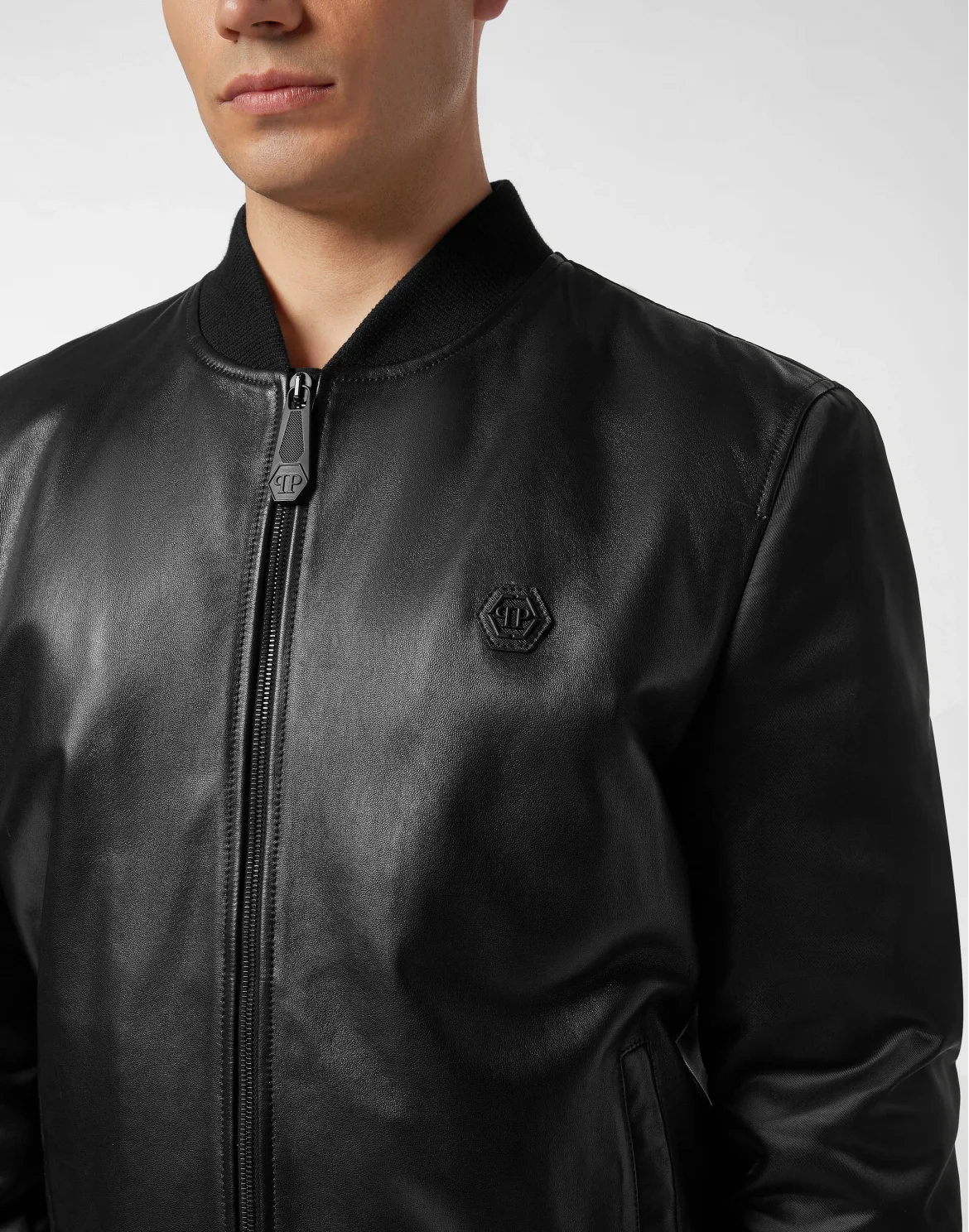 Leather Bomber with Nylon Sleeves, цвет: Черный