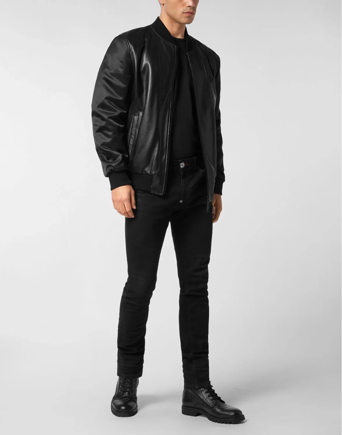Leather Bomber with Nylon Sleeves, цвет: Черный