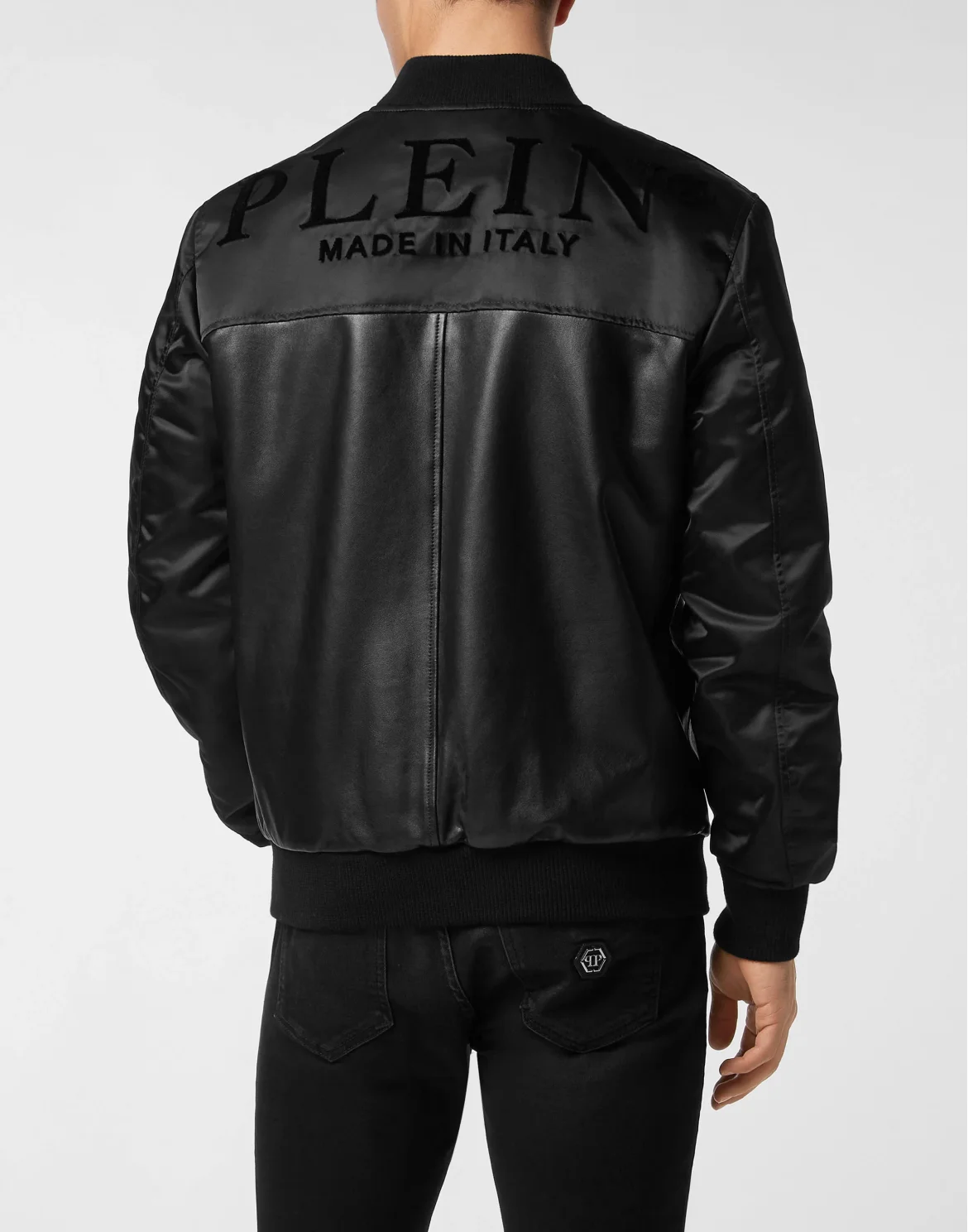 Leather Bomber with Nylon Sleeves, цвет: Черный