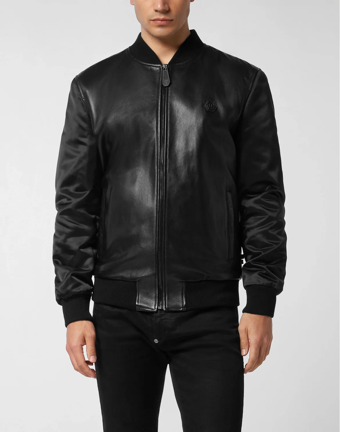 Leather Bomber with Nylon Sleeves, цвет: Черный