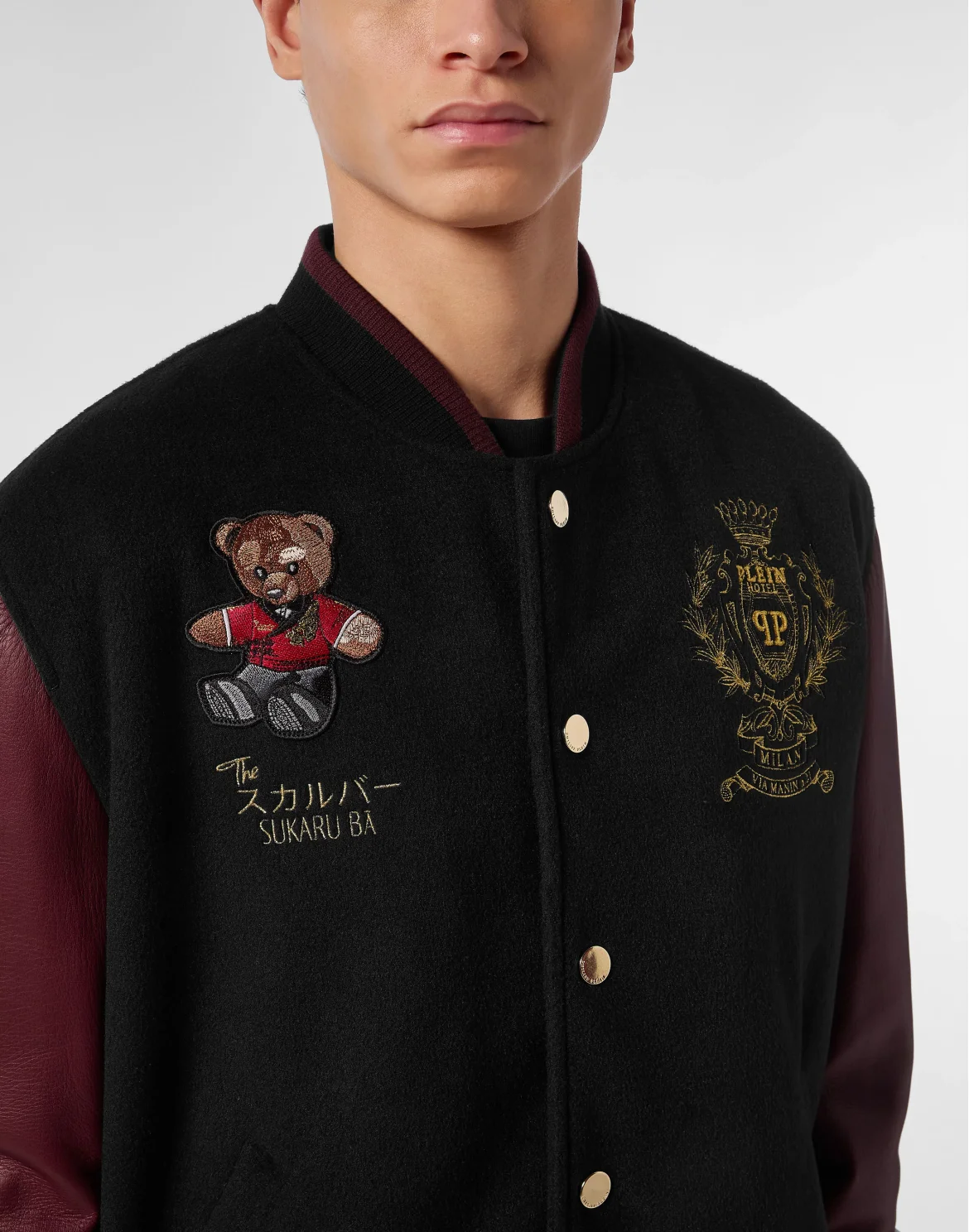 Leather and Wool Varsity Bomber Jacket Teddy Bear, цвет: Черный