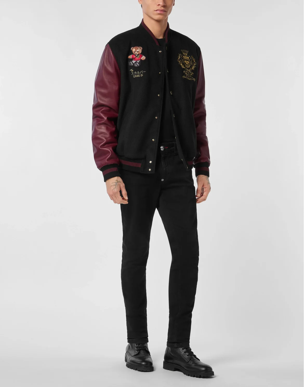 Leather and Wool Varsity Bomber Jacket Teddy Bear, цвет: Черный