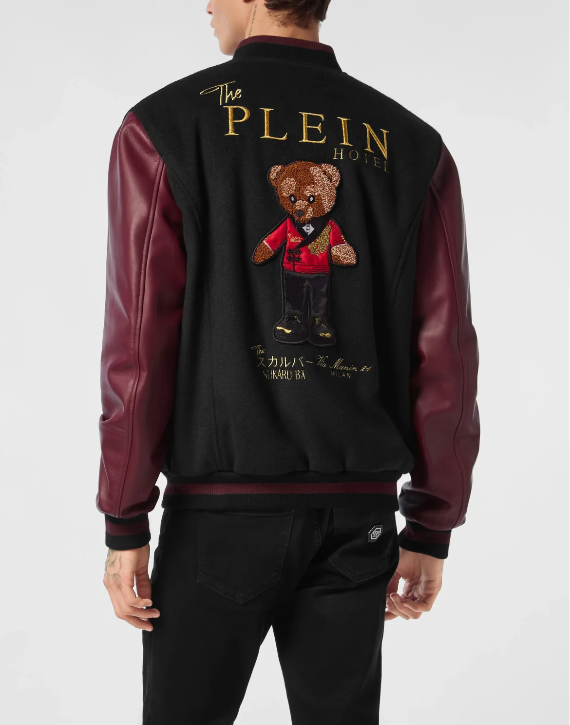 Leather and Wool Varsity Bomber Jacket Teddy Bear, цвет: Черный