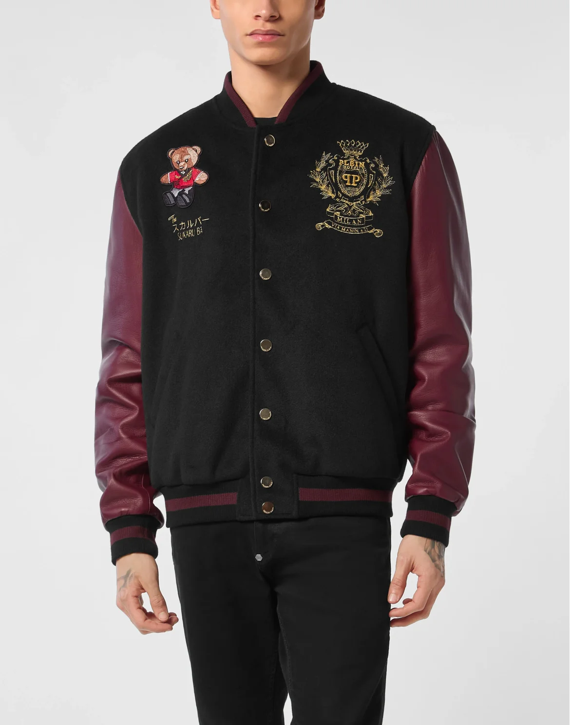 Leather and Wool Varsity Bomber Jacket Teddy Bear, цвет: Черный