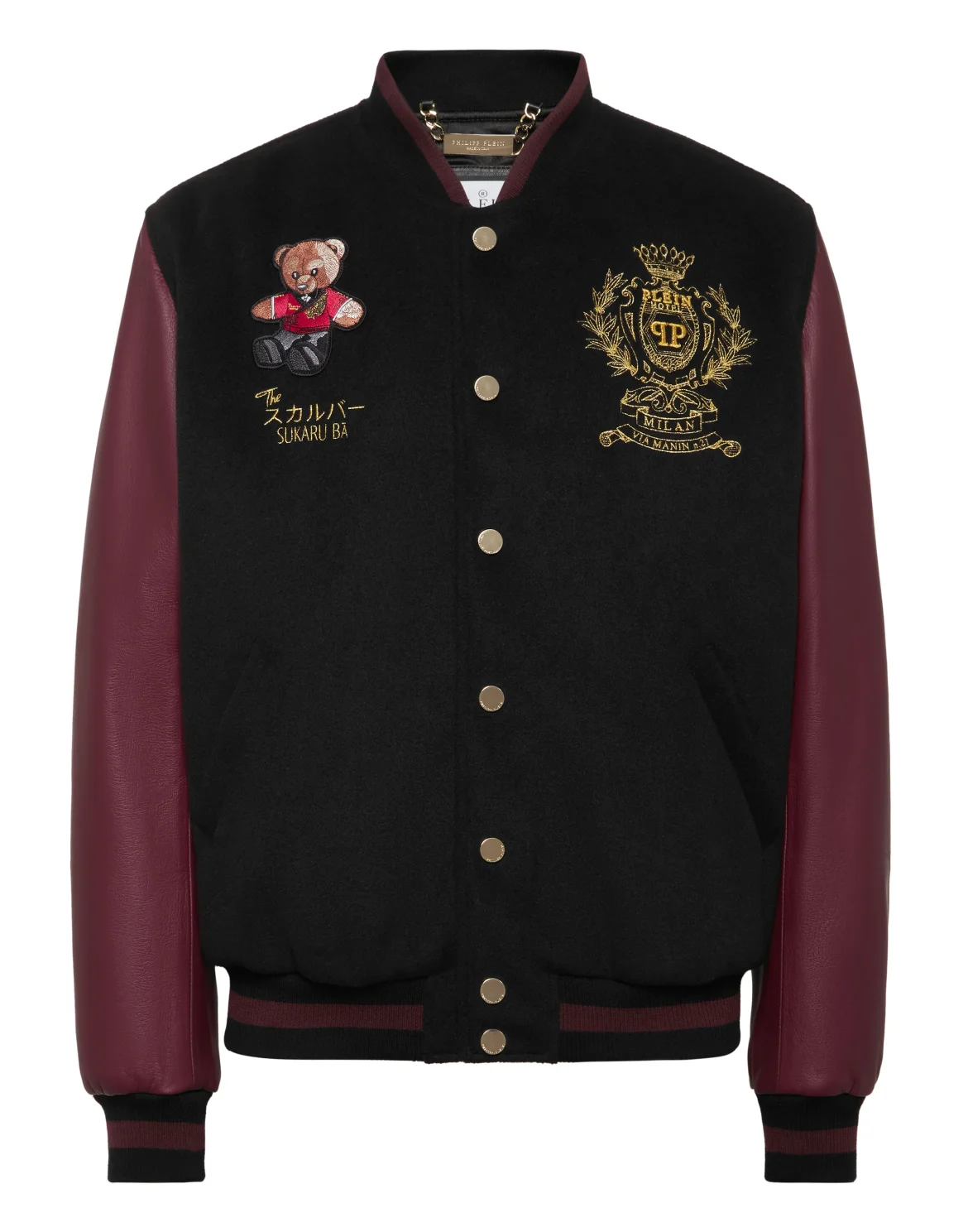 Leather and Wool Varsity Bomber Jacket Teddy Bear, цвет: Черный