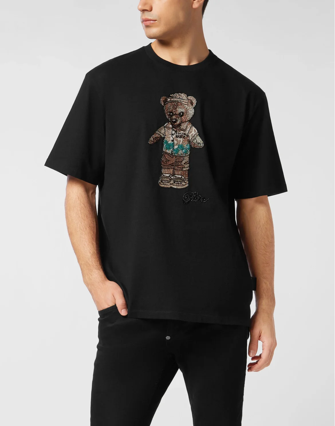 Crystal Round Neck T-Shirt Teddy Bear, цвет: Черный