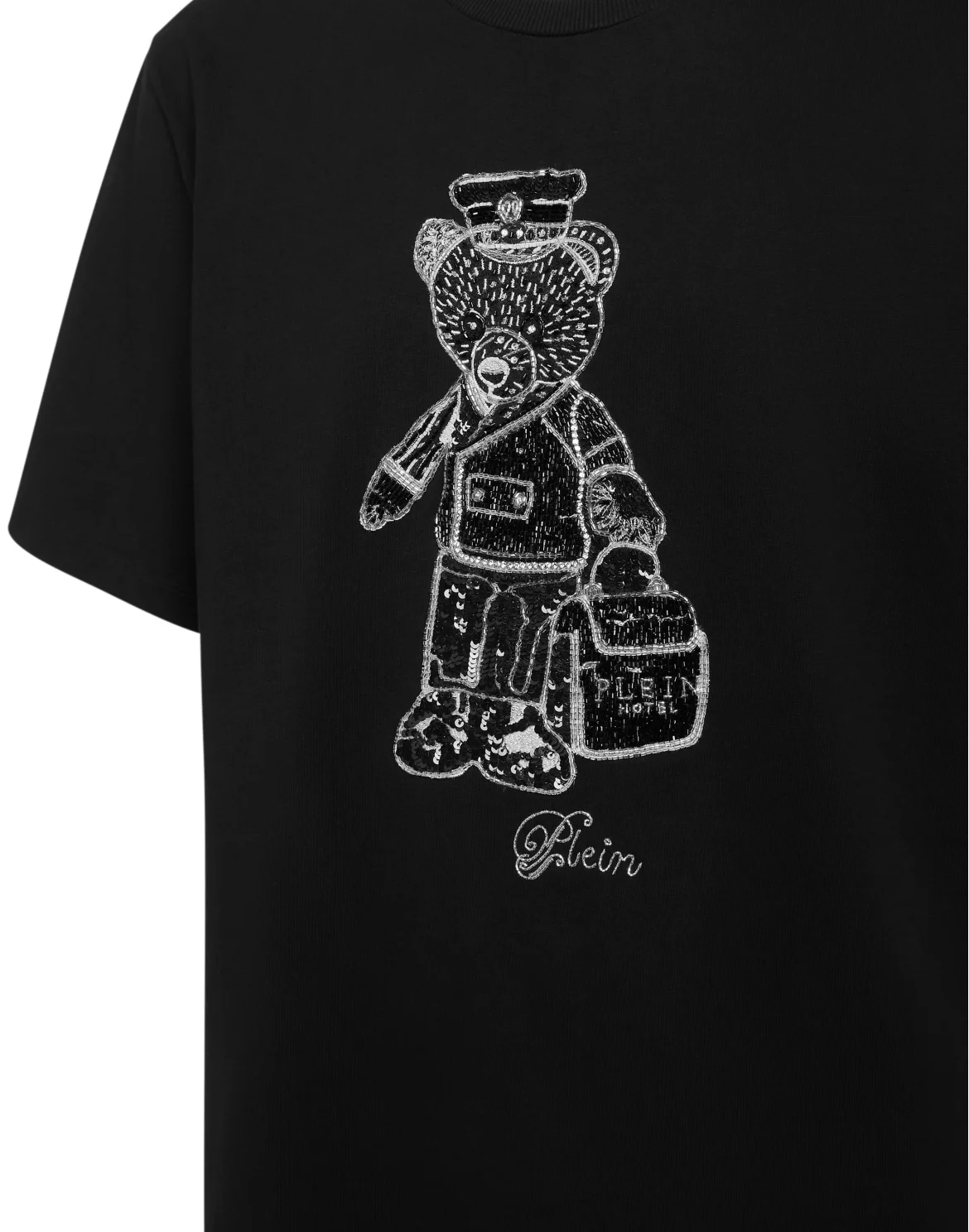 Black White Round Neck T-Shirt Teddy Bear, цвет: Черный