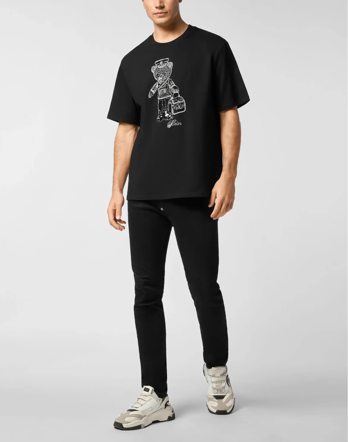 Black White Round Neck T-Shirt Teddy Bear, цвет: Черный