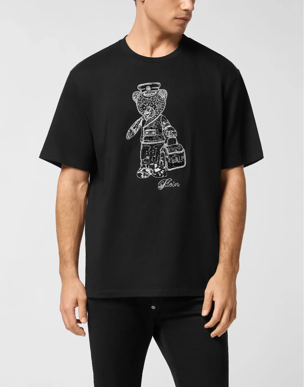 Black White Round Neck T-Shirt Teddy Bear, цвет: Черный