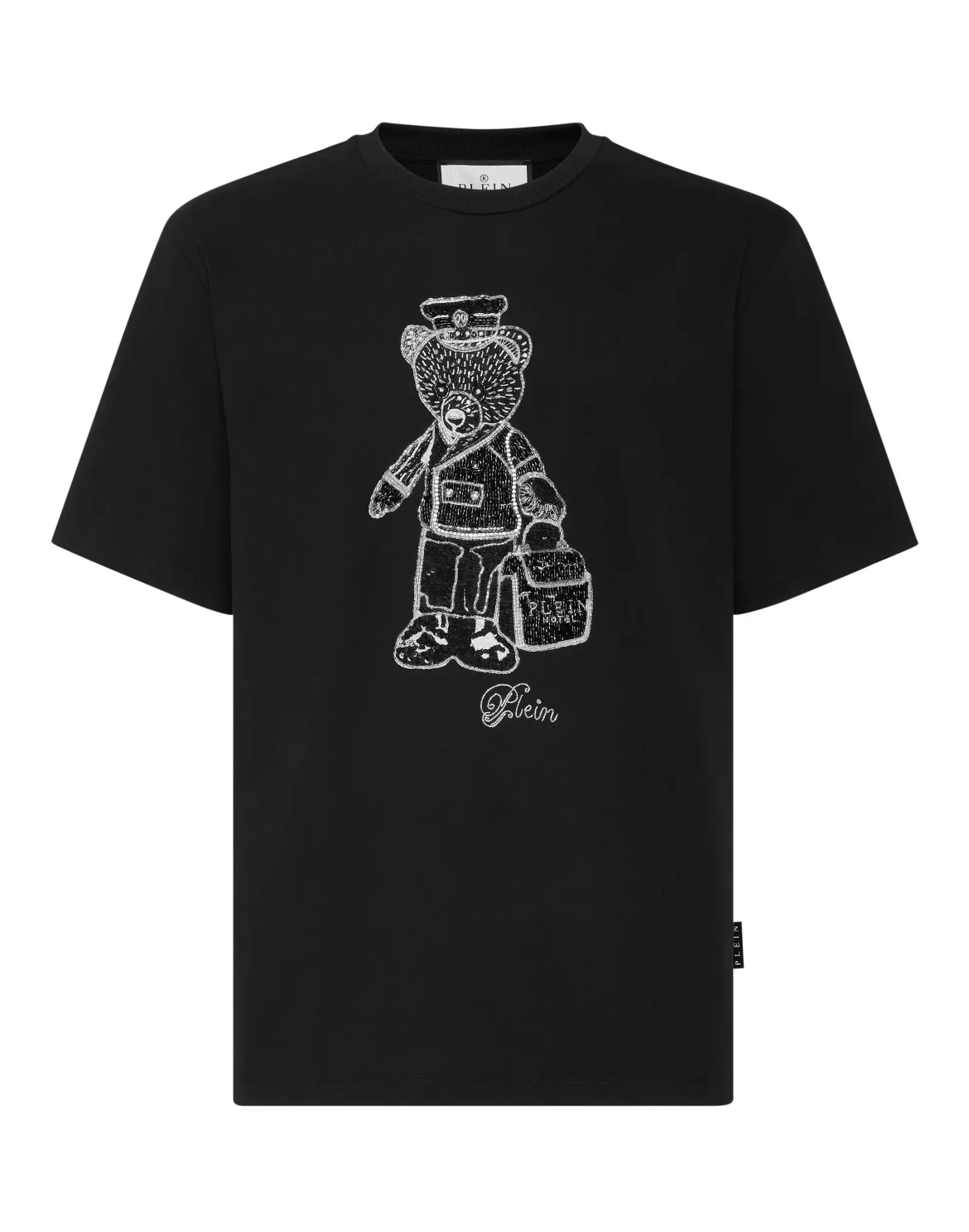 Black White Round Neck T-Shirt Teddy Bear, цвет: Черный