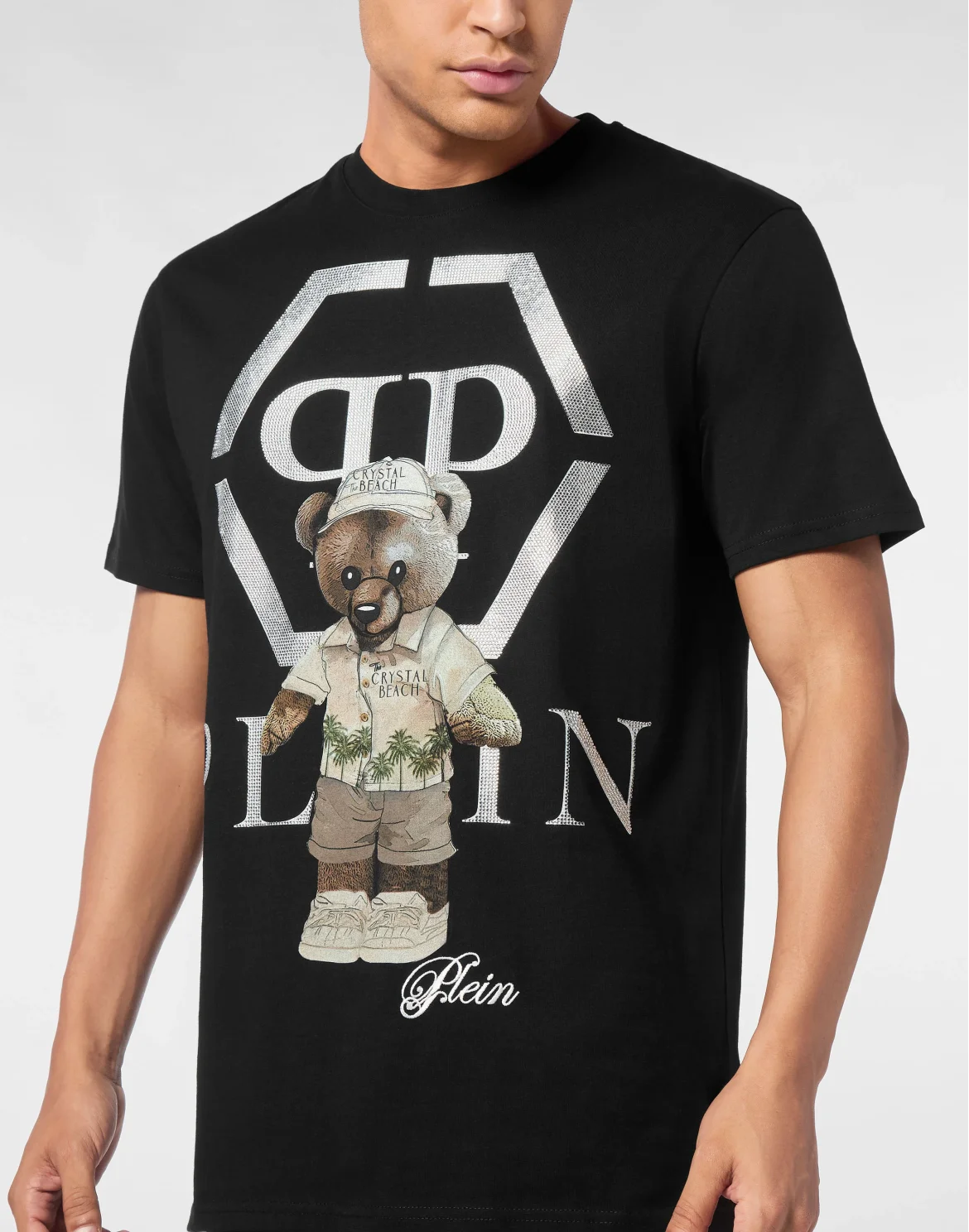 Round Neck T-Shirt Crystal Teddy Bear, цвет: Черный