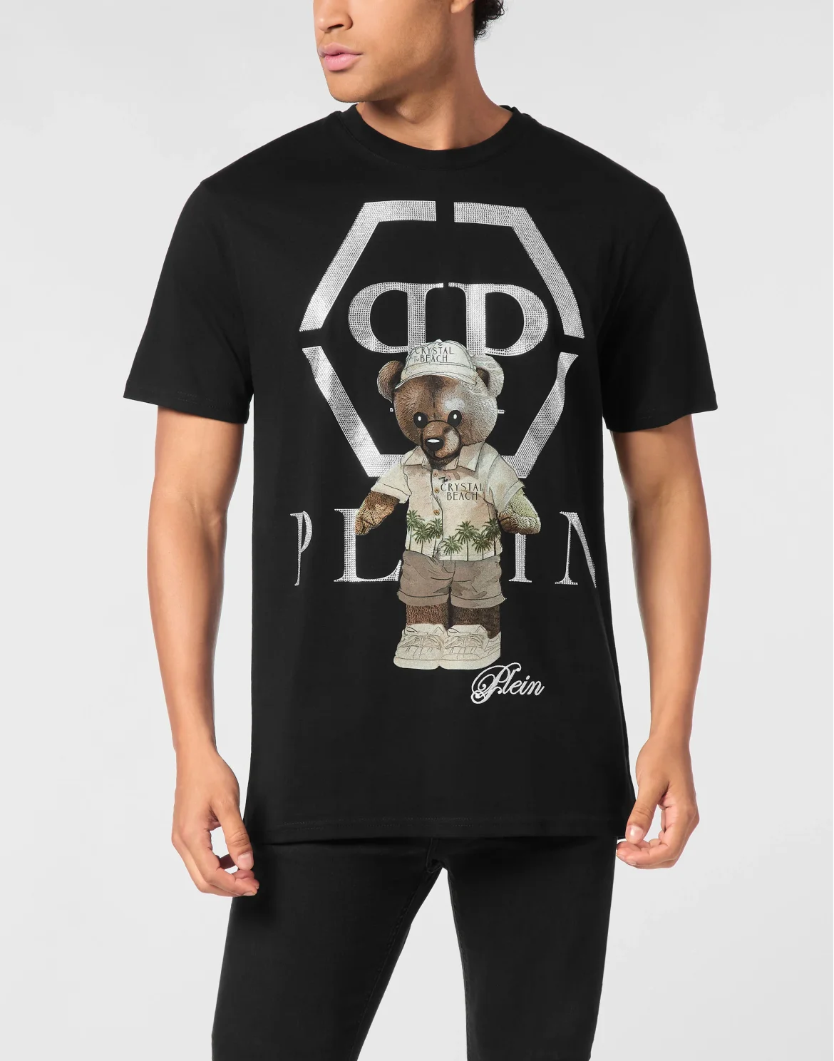 Round Neck T-Shirt Crystal Teddy Bear, цвет: Черный