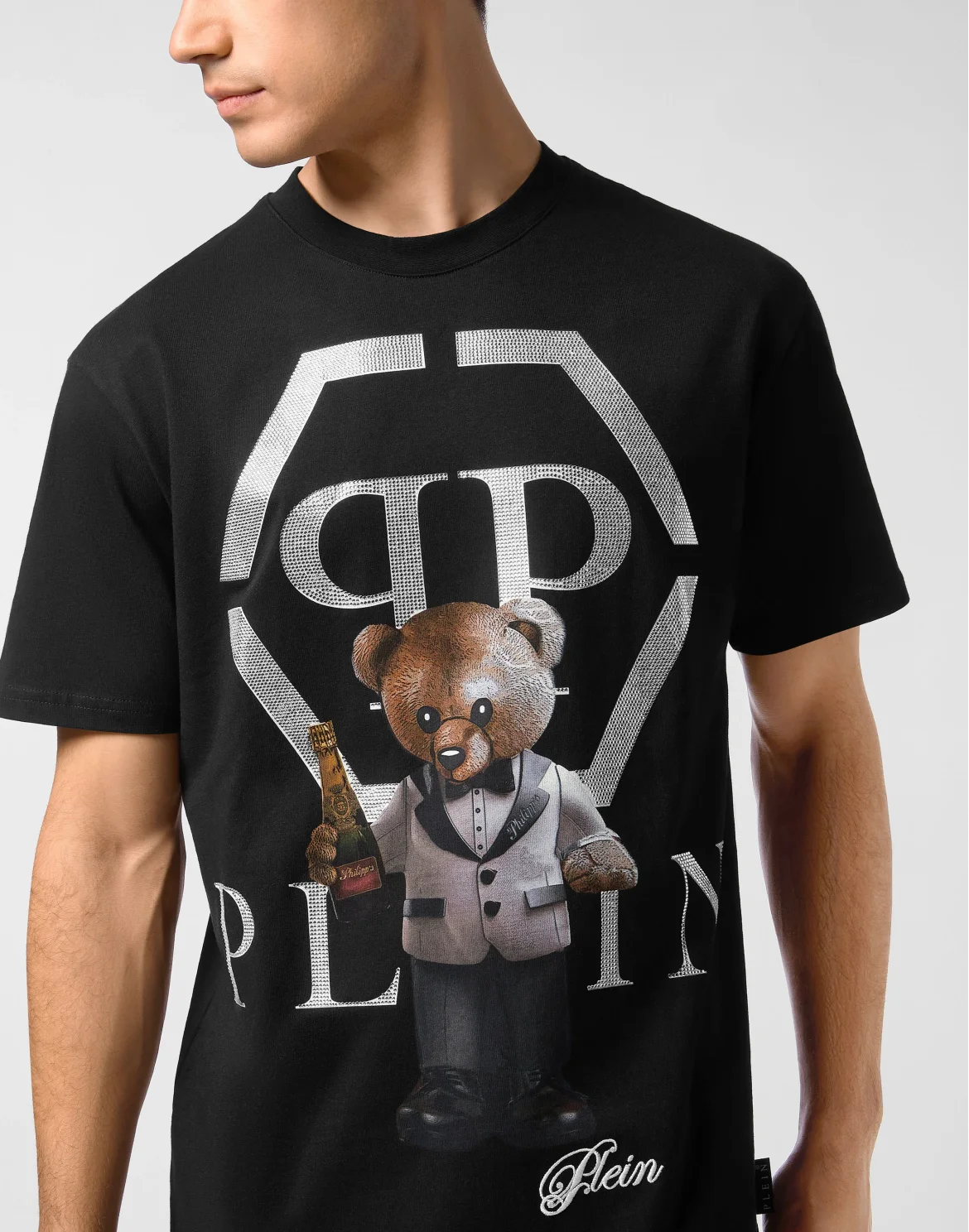 Embroidered Round Neck T-Shirt Teddy Bear, цвет: Черный