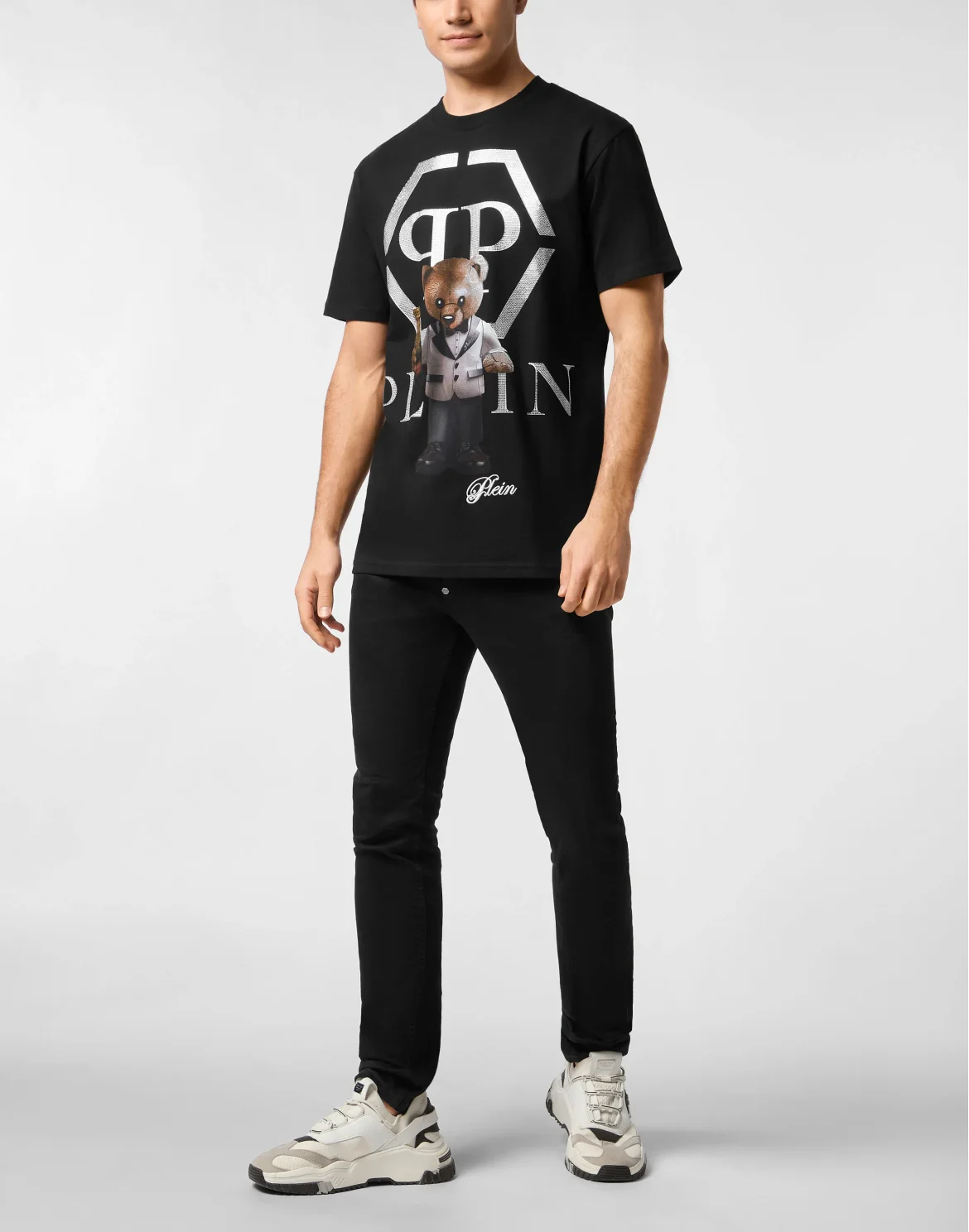 Embroidered Round Neck T-Shirt Teddy Bear, цвет: Черный