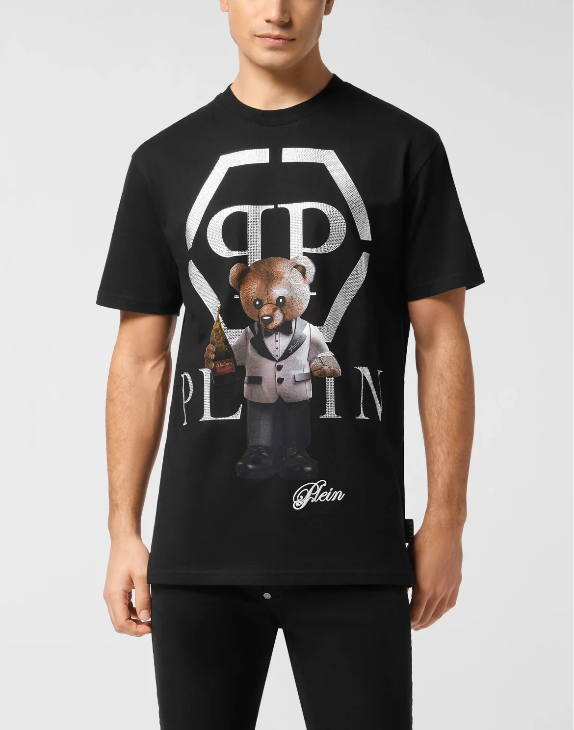 Embroidered Round Neck T-Shirt Teddy Bear, цвет: Черный