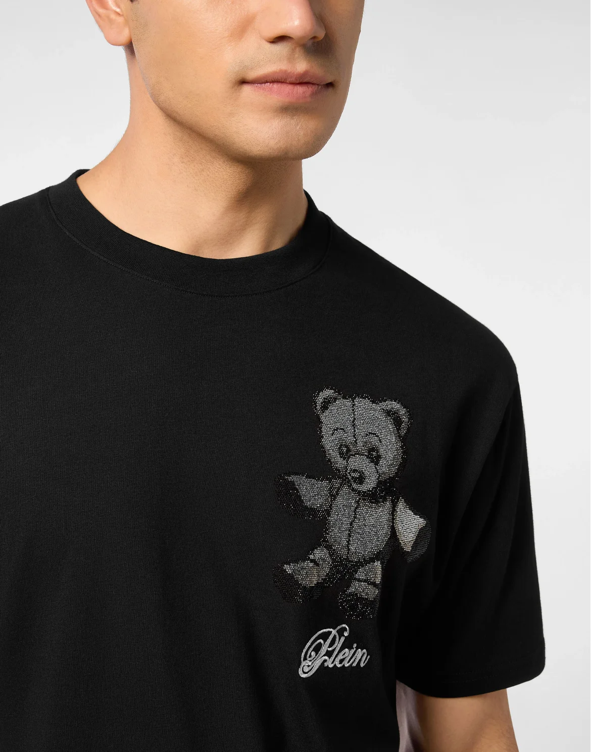 Embroidered Round Neck T-Shirt Strass Teddy Bear, цвет: Черный