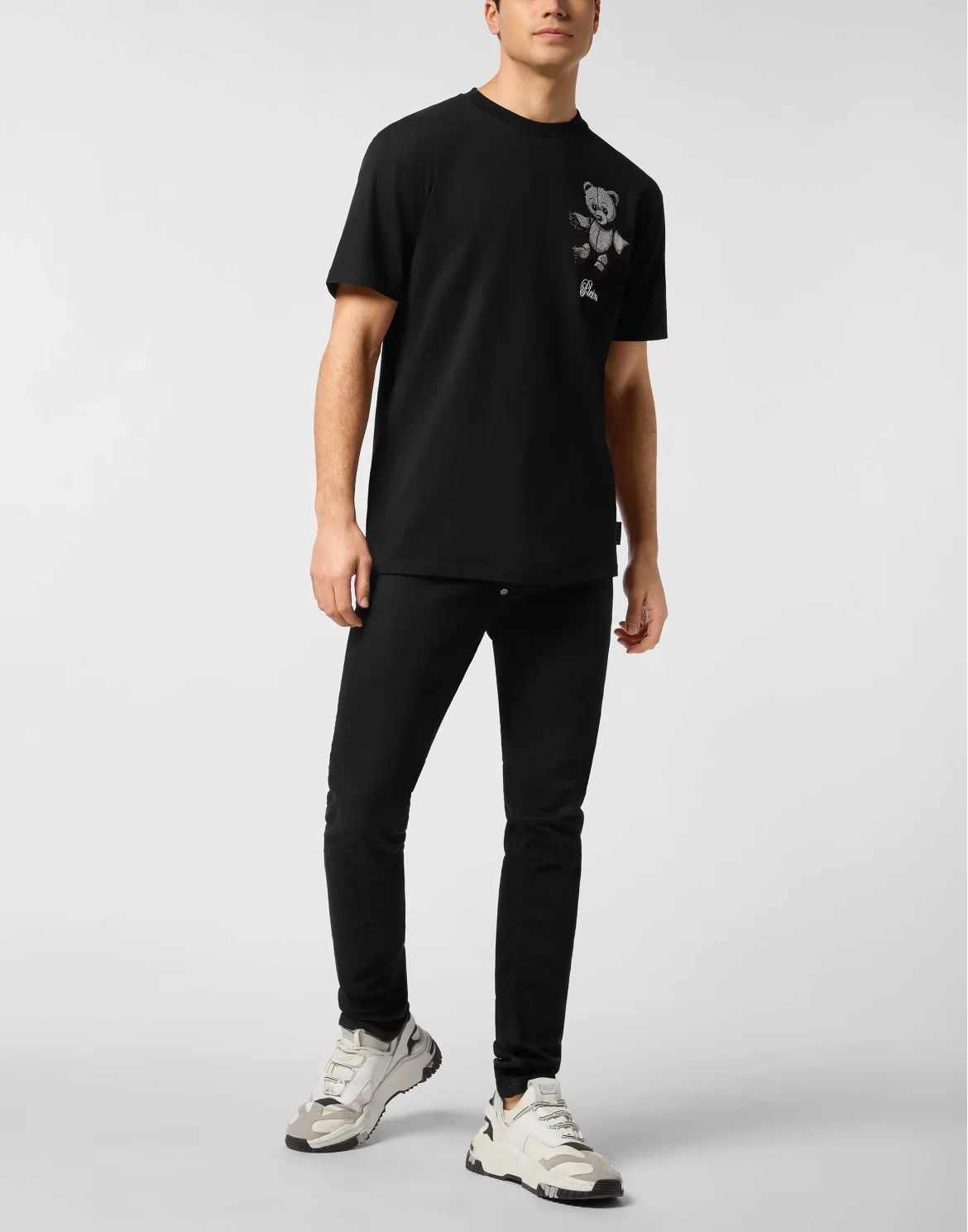 Embroidered Round Neck T-Shirt Strass Teddy Bear, цвет: Черный