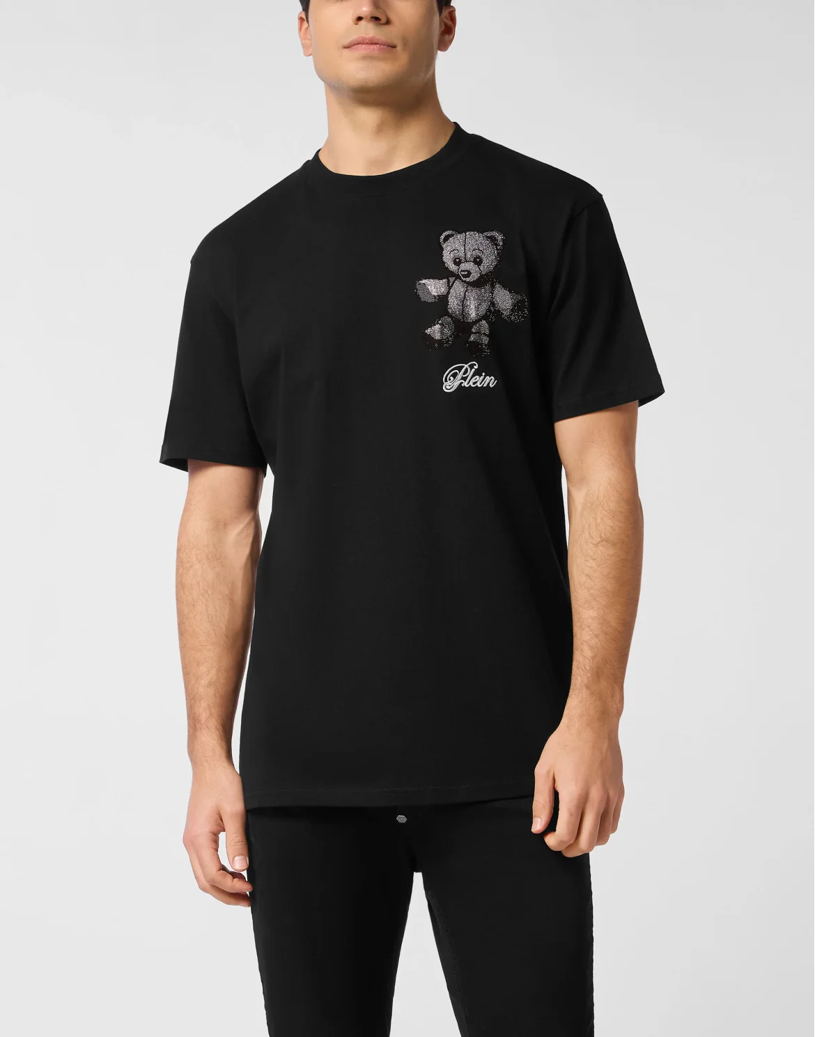Embroidered Round Neck T-Shirt Strass Teddy Bear, цвет: Черный