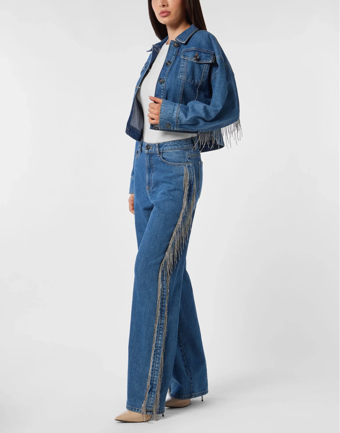 Denim Cropped Jacket Crystal Fringes, цвет: Синий