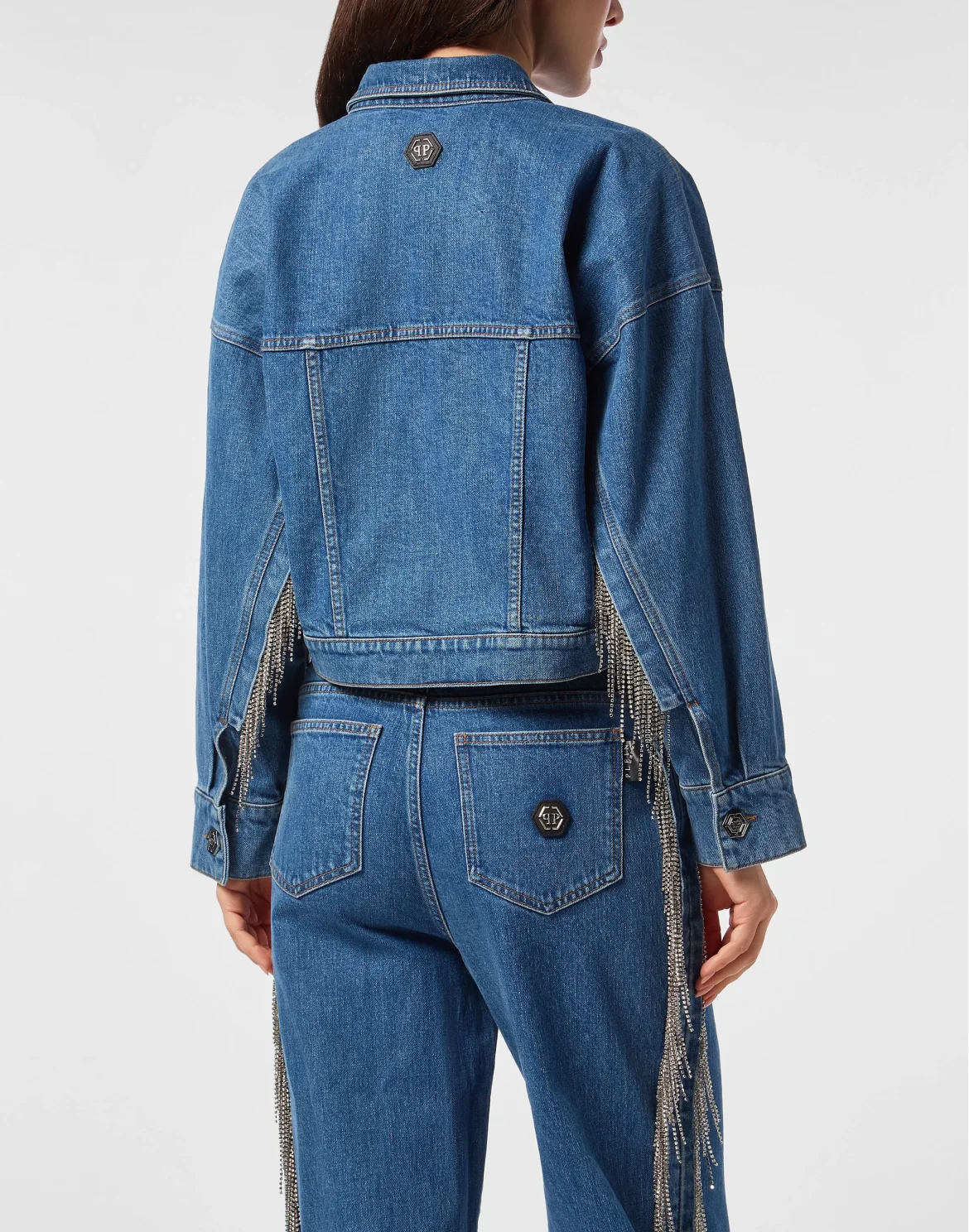 Denim Cropped Jacket Crystal Fringes, цвет: Синий