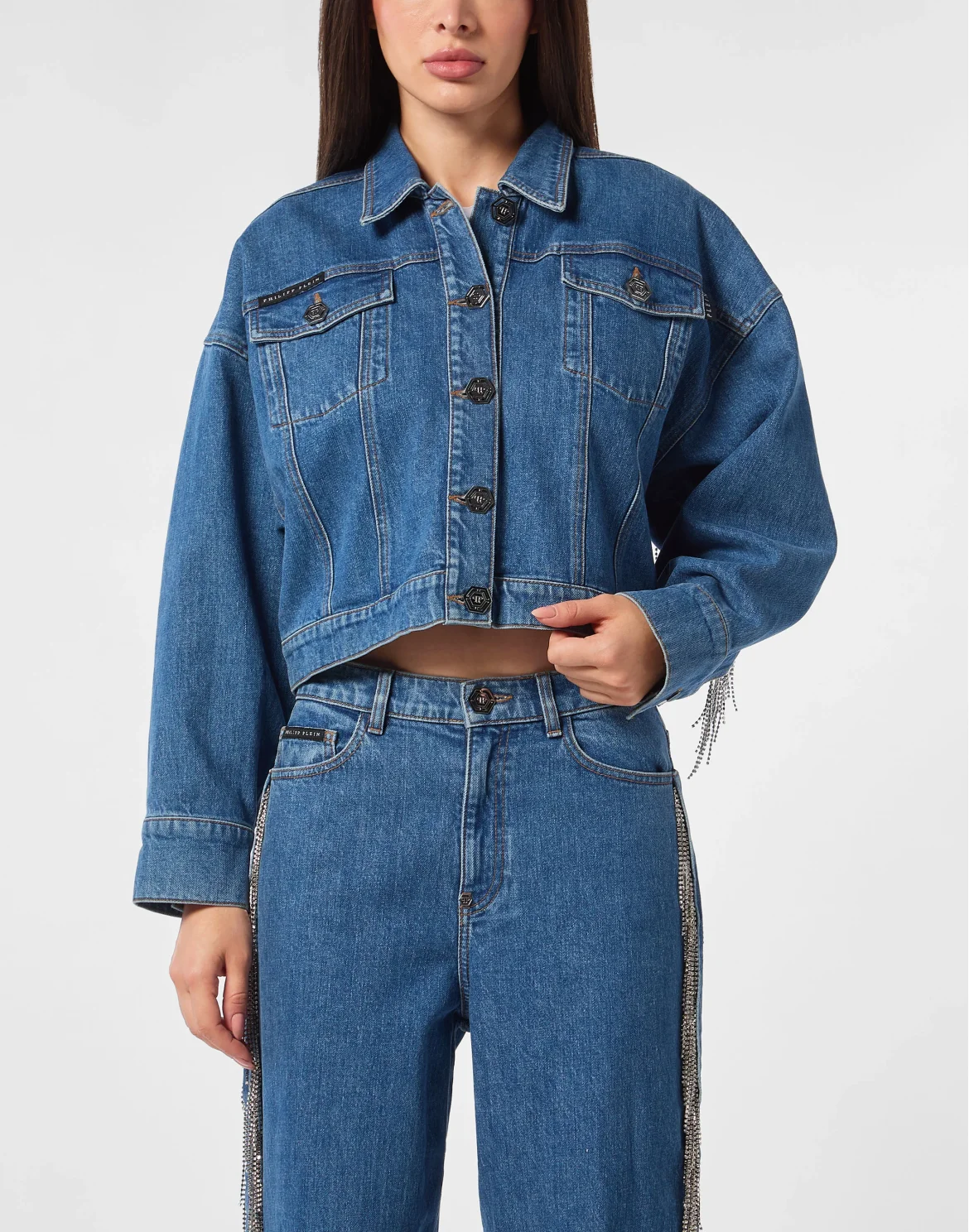 Denim Cropped Jacket Crystal Fringes, цвет: Синий