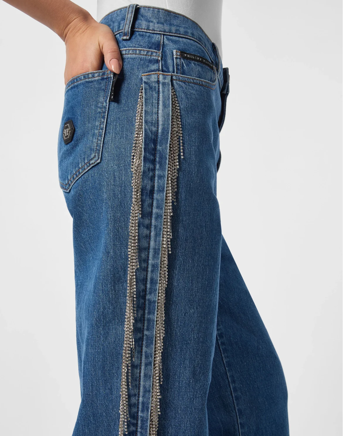 Skater Fit Jeans Crystal Fringes, цвет: Синий