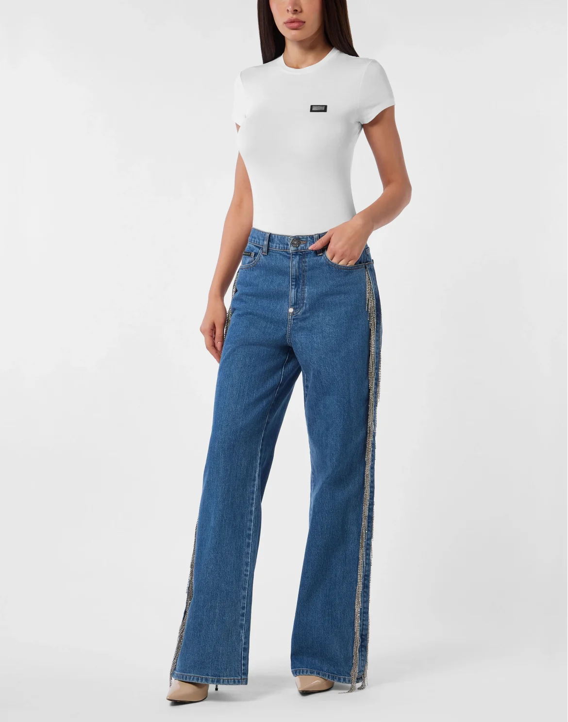 Skater Fit Jeans Crystal Fringes, цвет: Синий