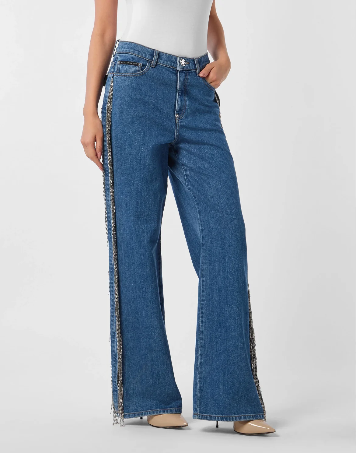 Skater Fit Jeans Crystal Fringes, цвет: Синий