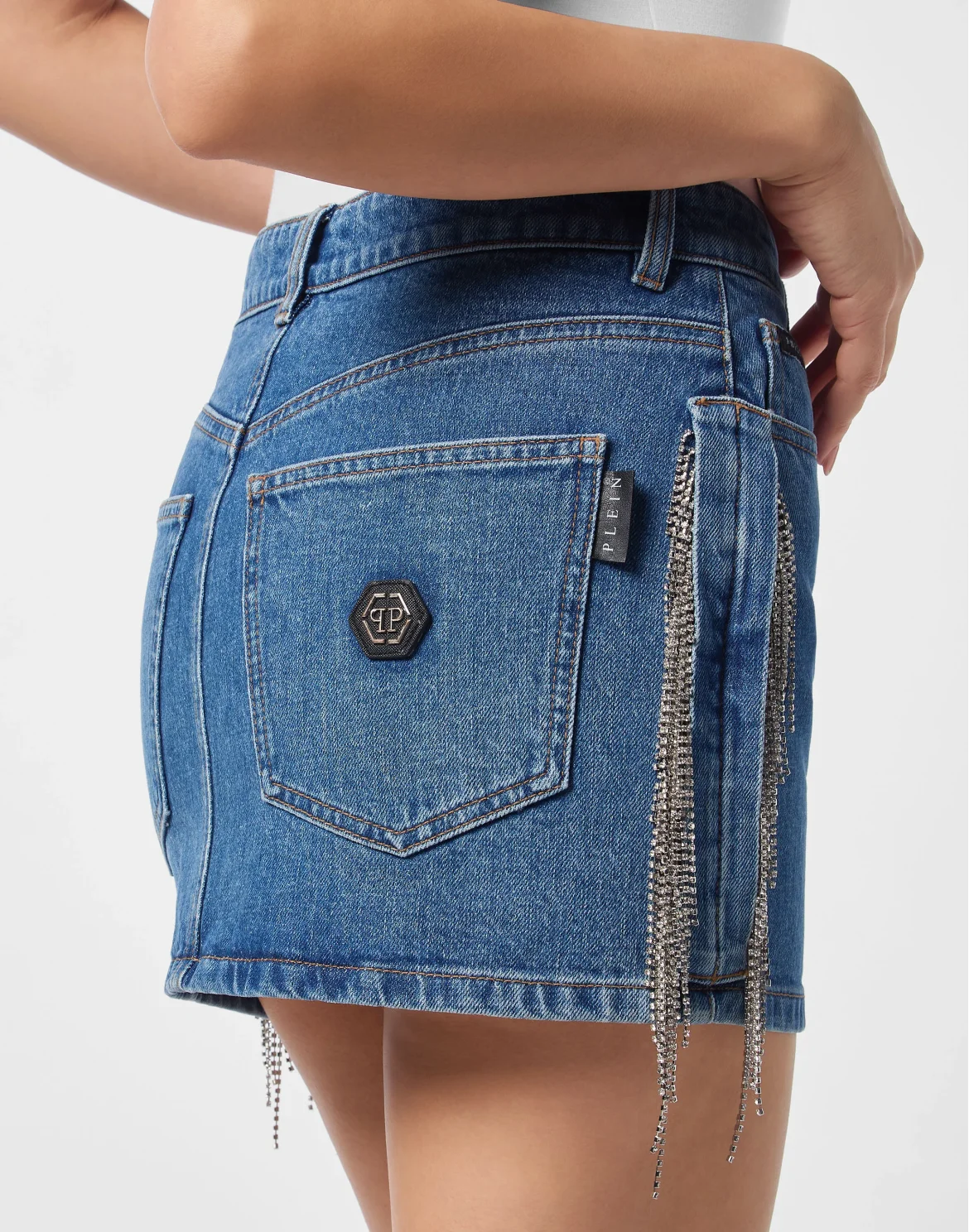 Denim Mini Skirt Crystal Fringes, цвет: Синий